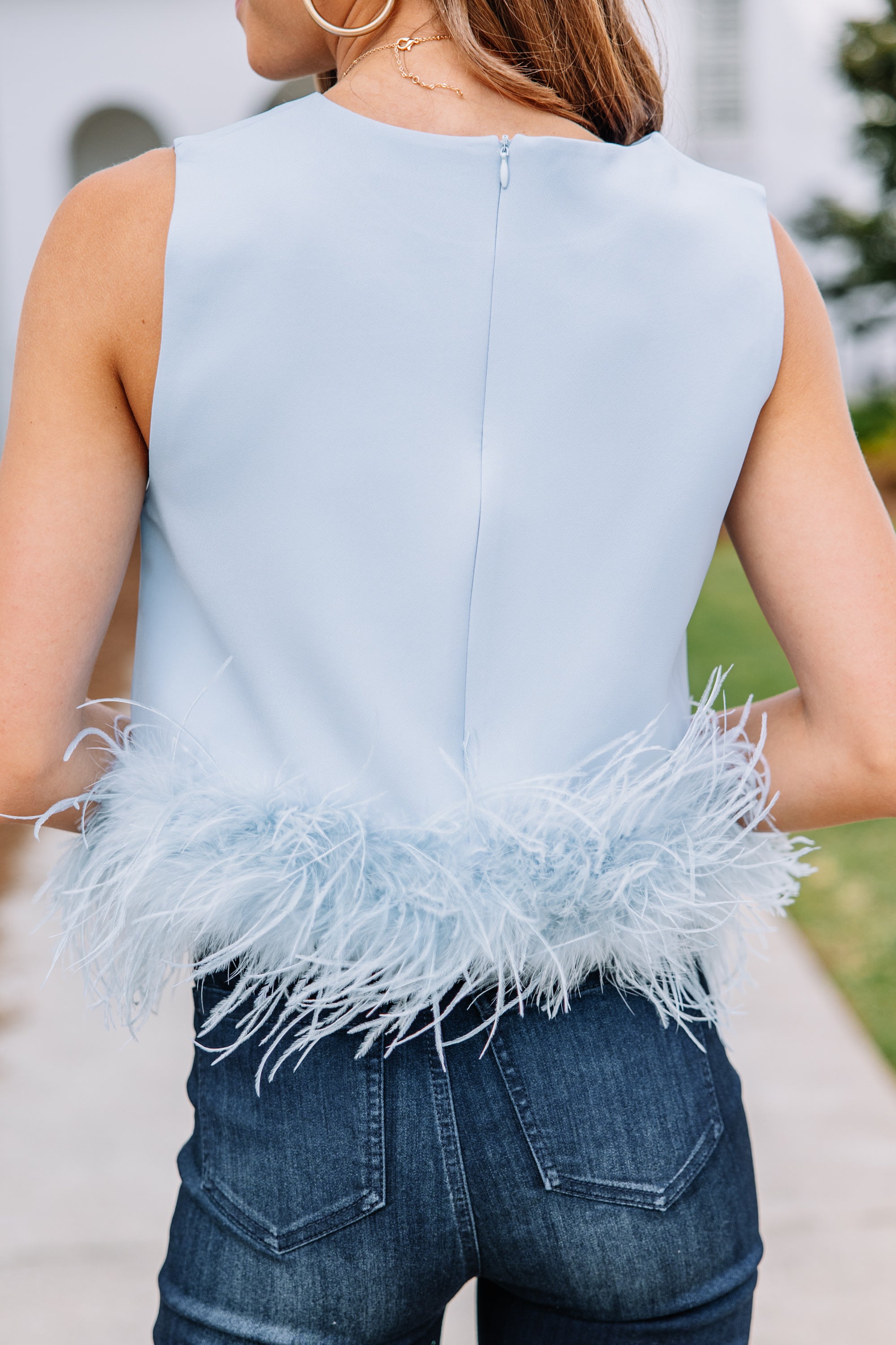 Be The Drama: Stunning Light Blue Feather Trim Blouse