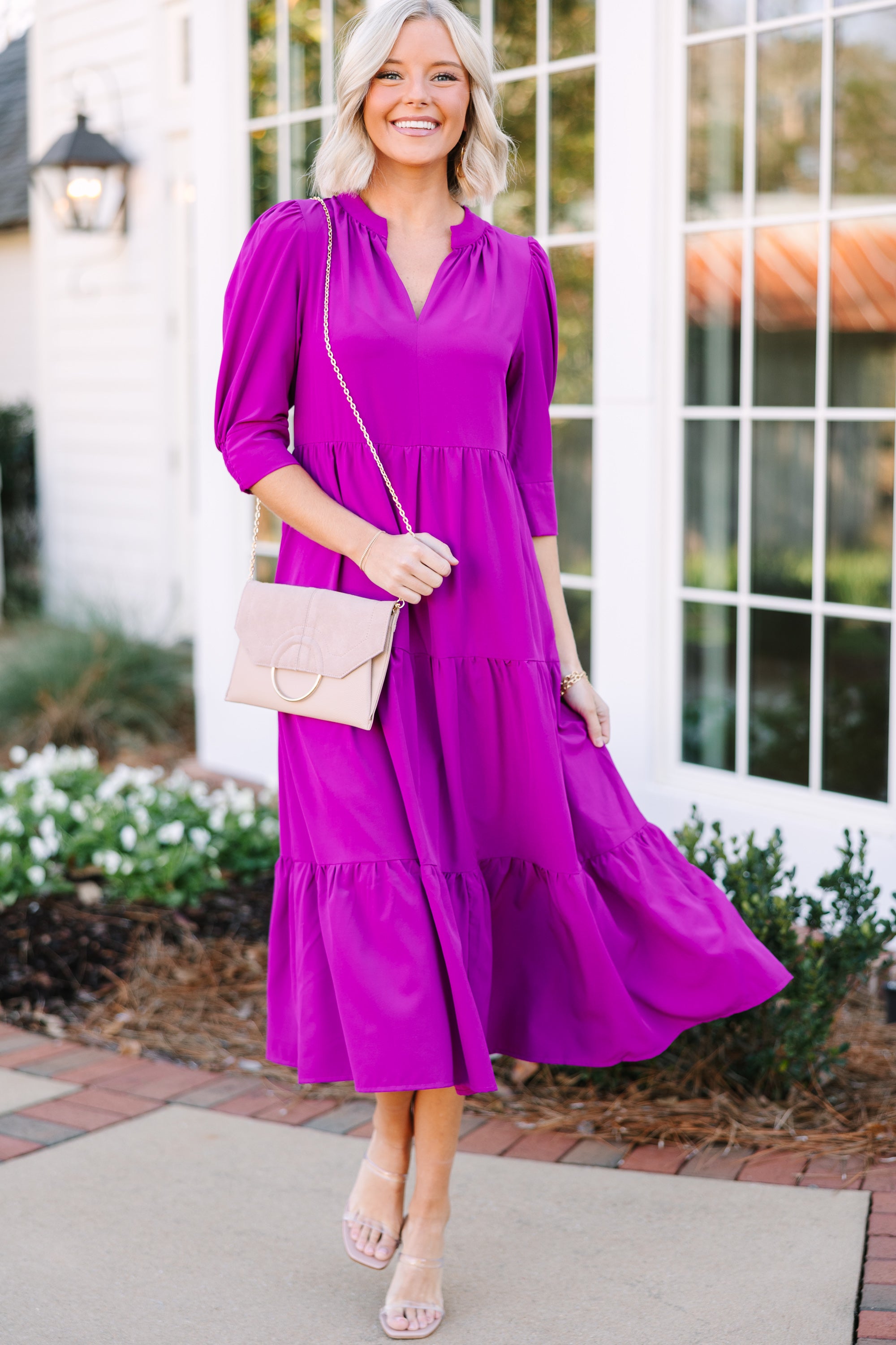 Orchid Purple Tiered Midi Dress: Feel the Fun!