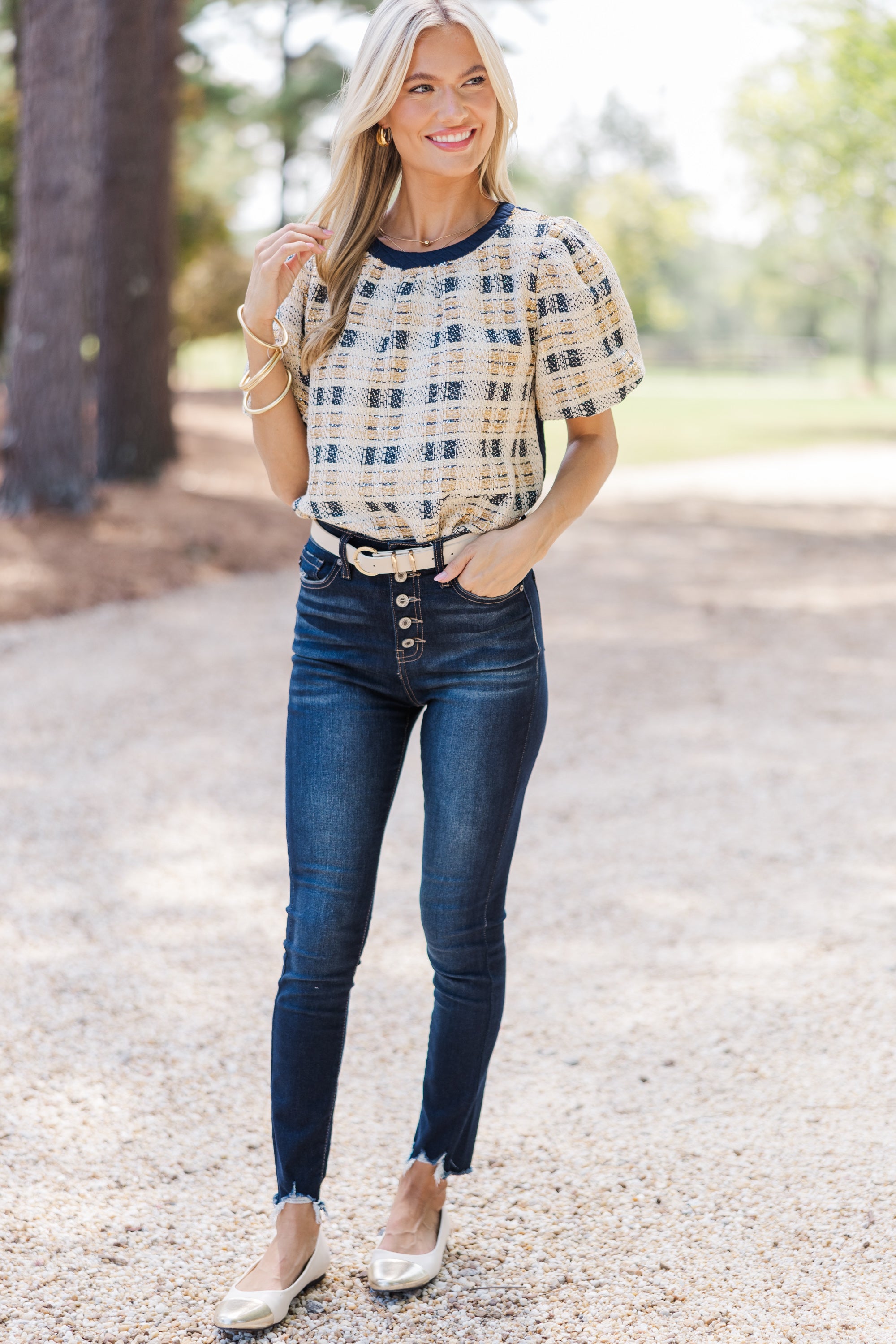 Navy Blue Tweed All-In-One Chic Blouse
