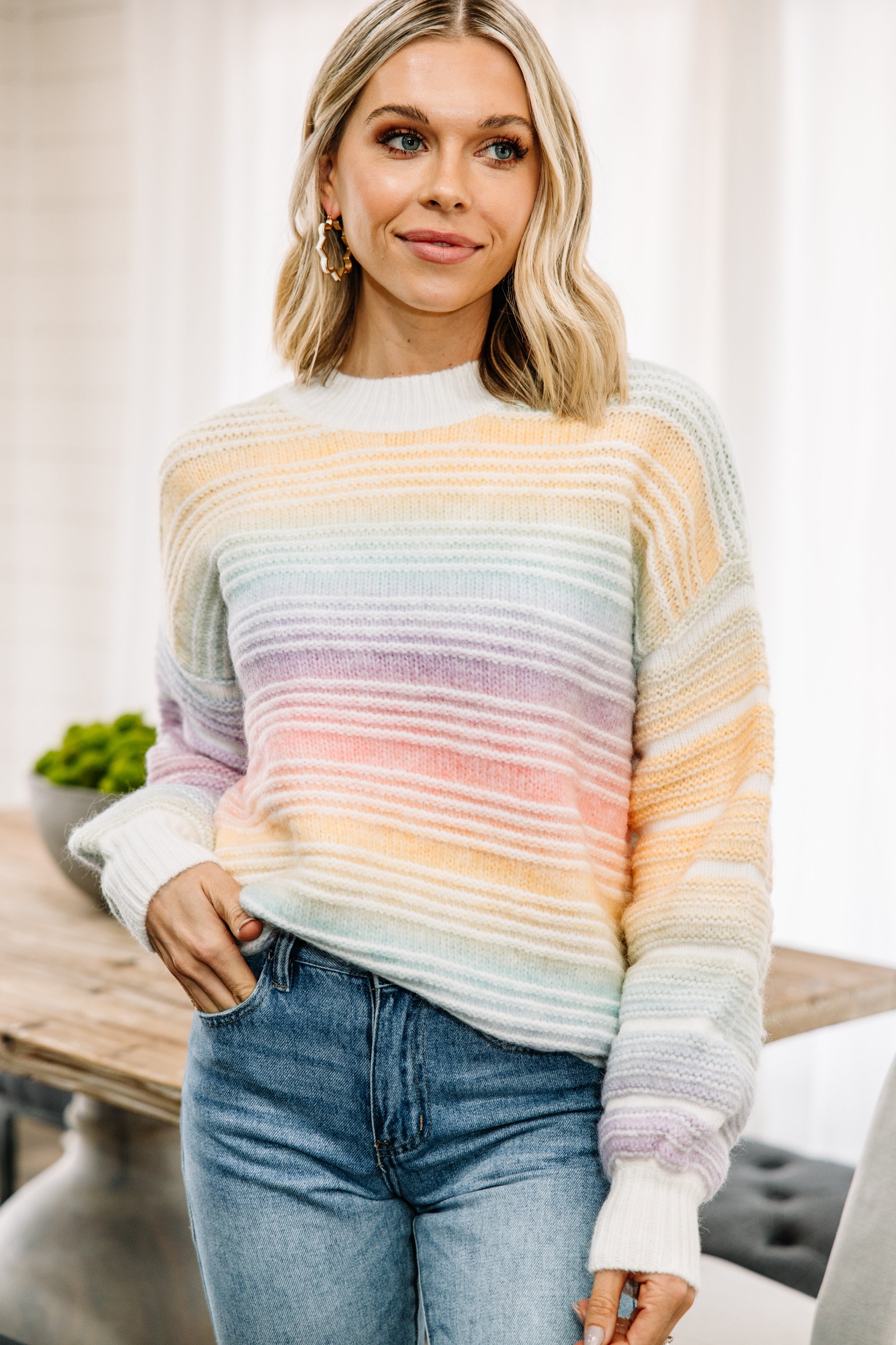 Gorgeous Happy To Be Here Rainbow Pink Striped Sweater
