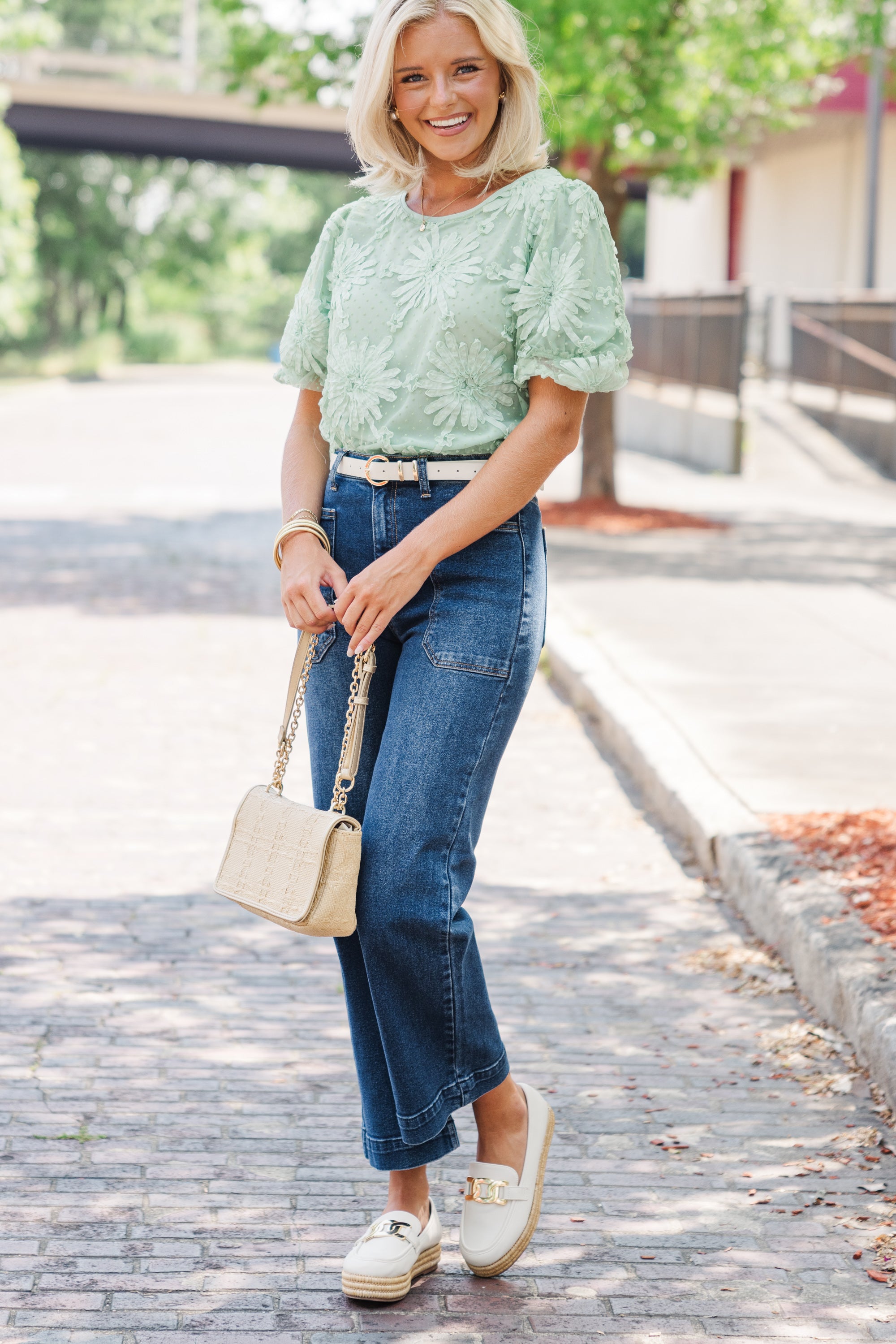 Gorgeous Dusty Mint Textured Floral Blouse - A Must-Have!