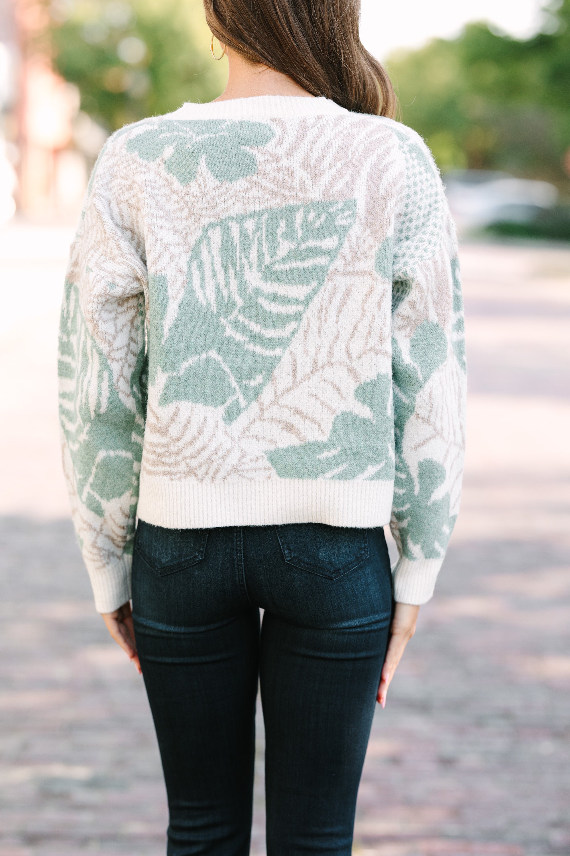 Alluring All In Love Sage Green Leaf Print Sweater