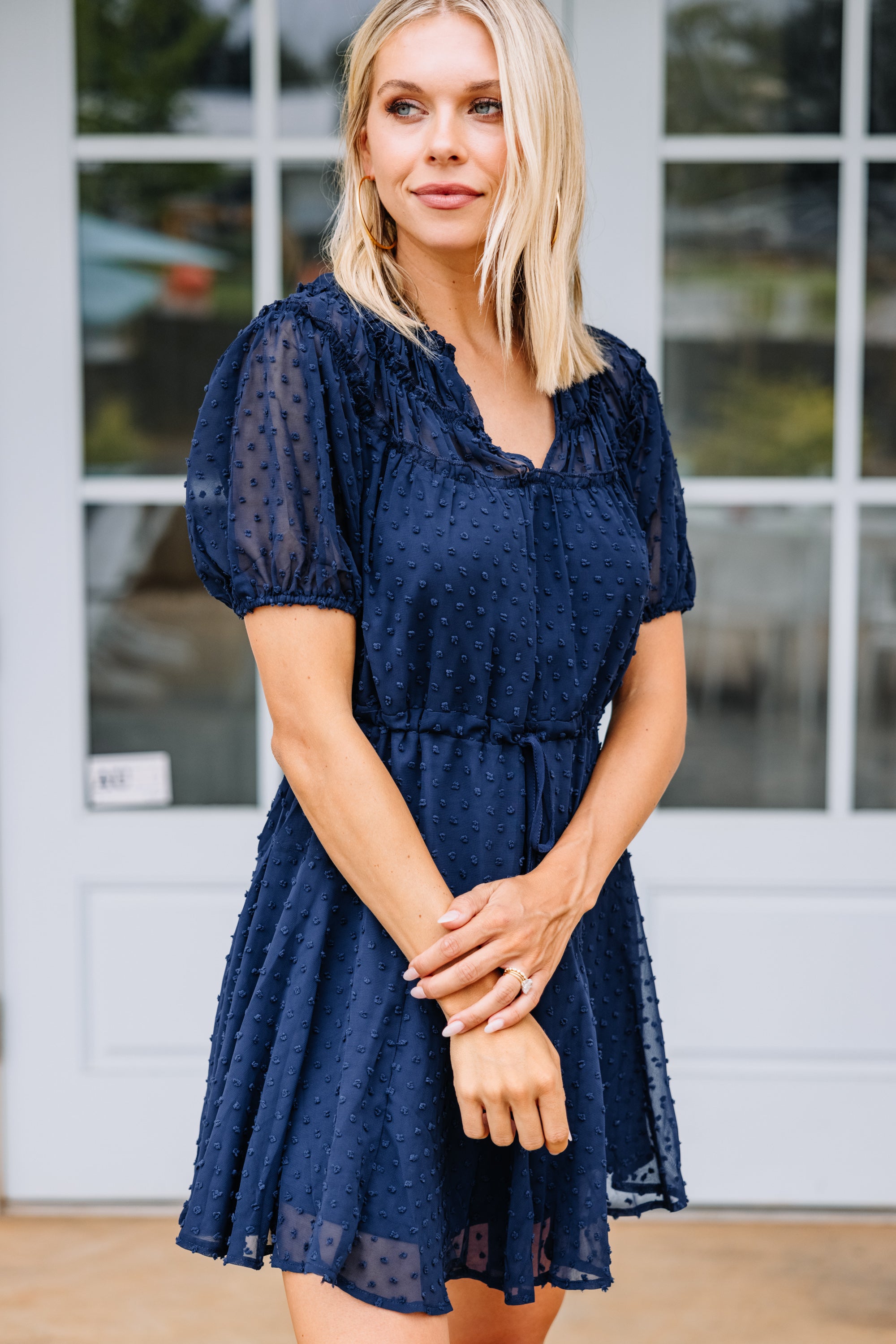 Enchanting Navy Blue Swiss Dot Dress - Be With You!