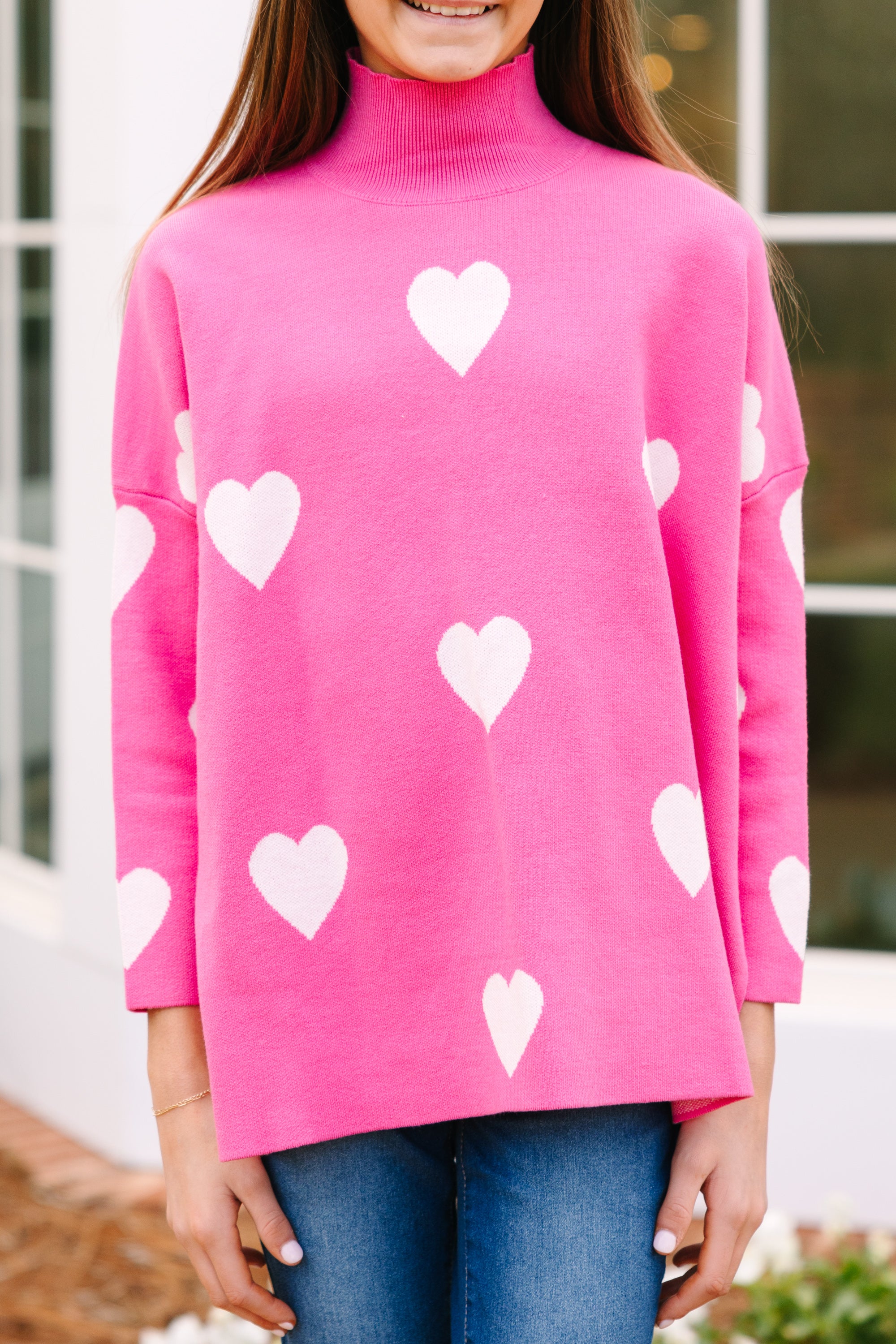 Girls' Pink & White Heart Quick - Pick Sweater