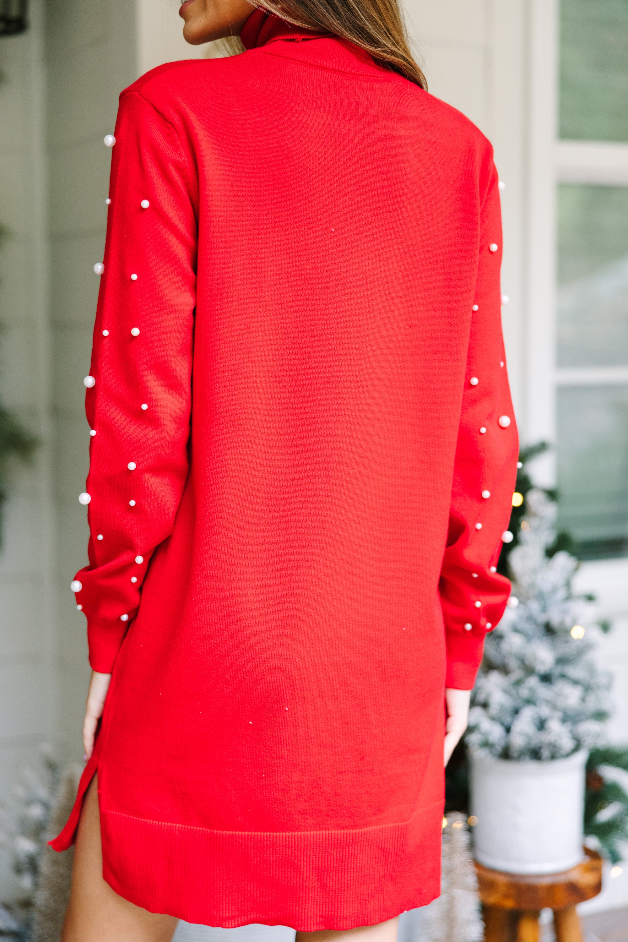 Passionate Love Red Pearl-Embellished Sweater Dress