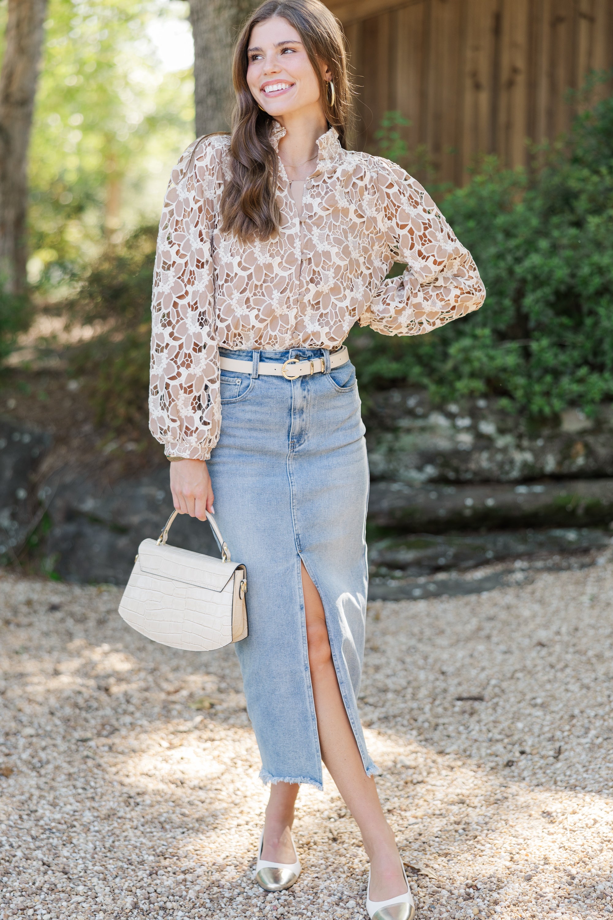 Fall-In-Love Taupe Crochet Blouse