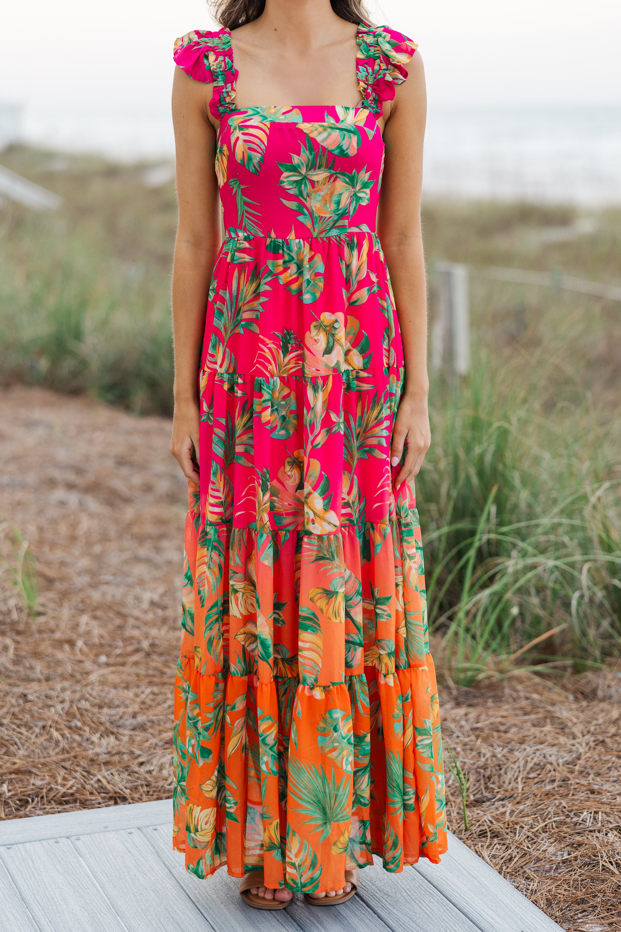 Stunning Fuchsia Pink Tropical Maxi Dress - Enjoy the Summer Views!