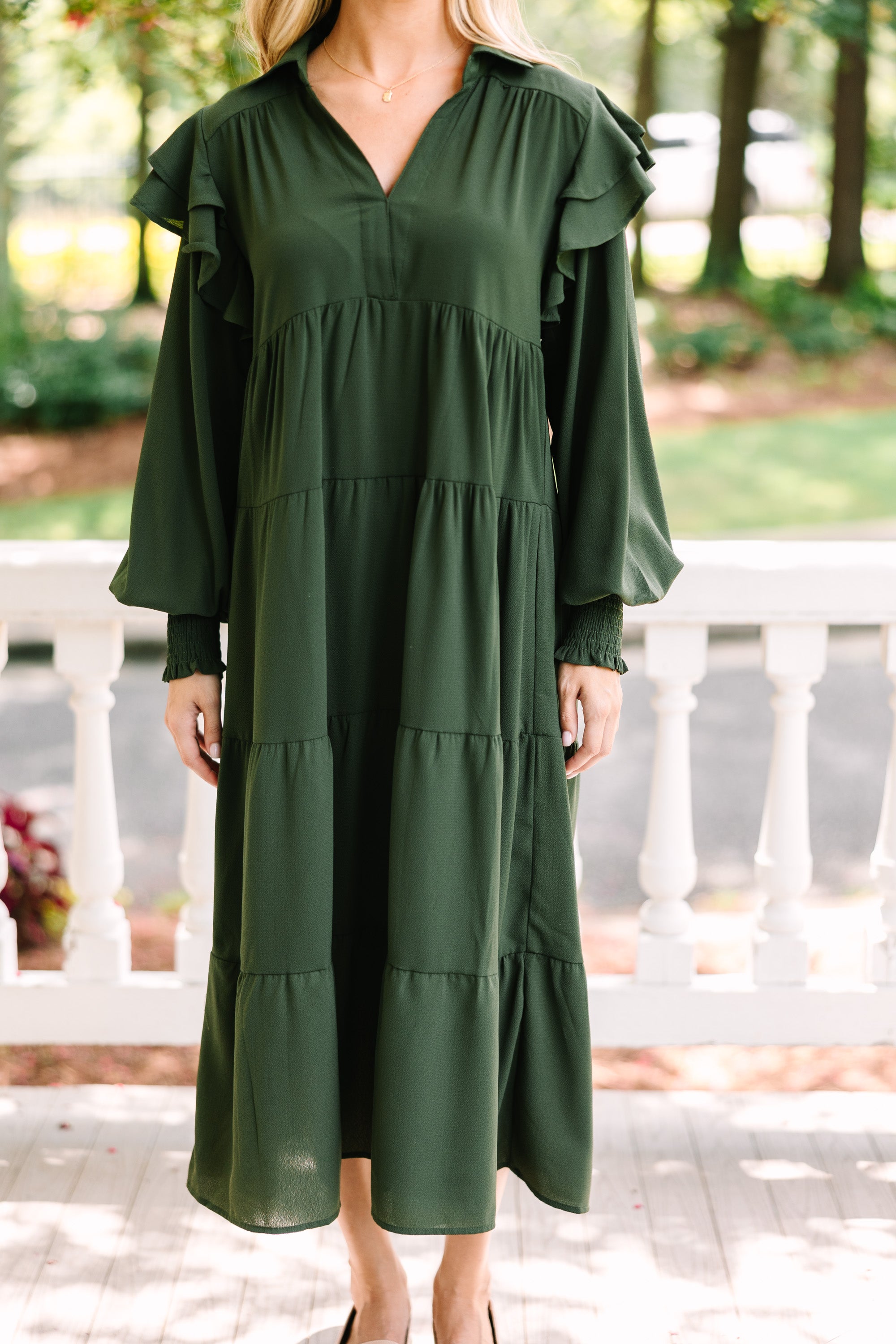 Olive Green Ruffled Midi Dress: Feel the Fun Now!