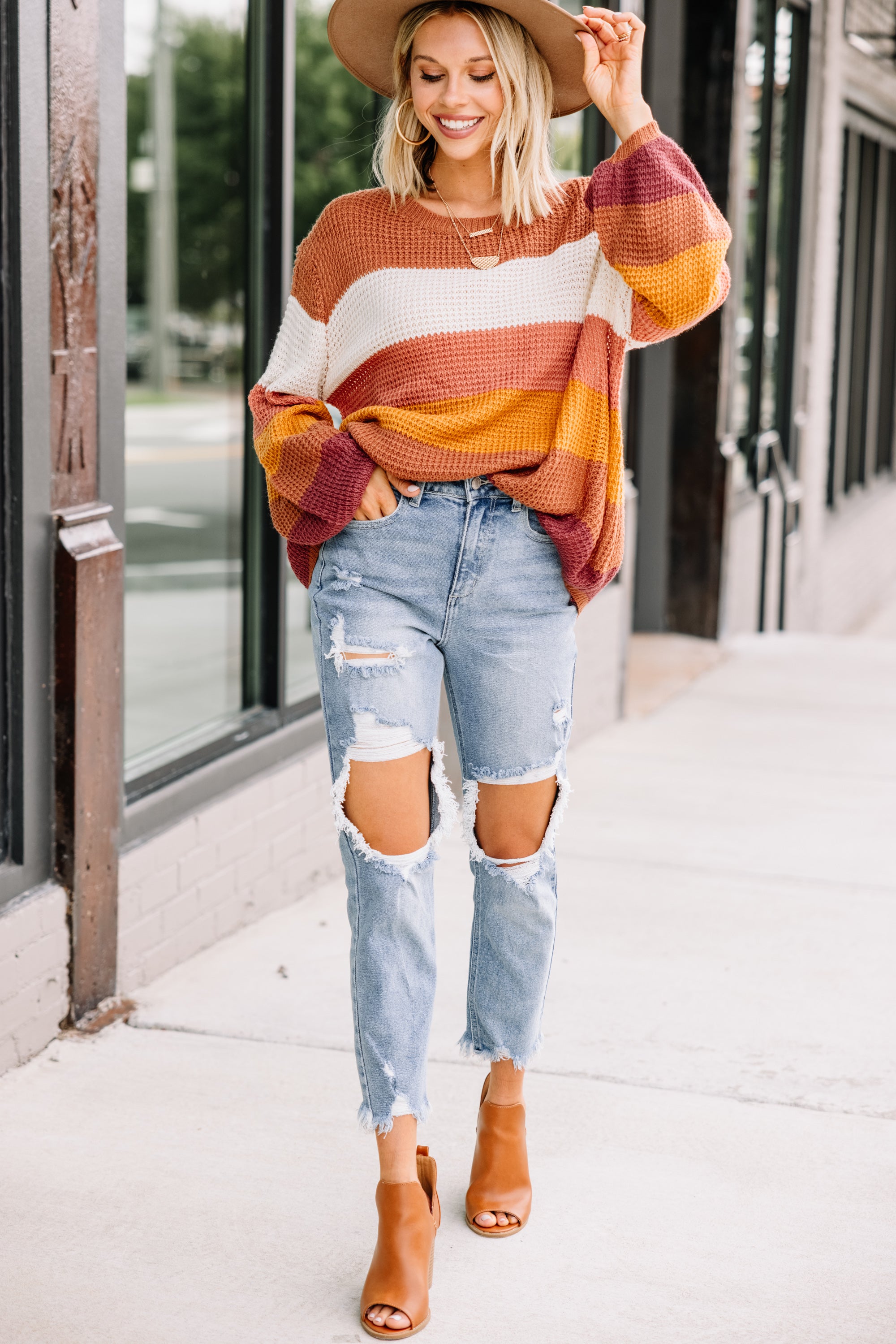 Irresistible Be With You Brown Colorblock Sweater