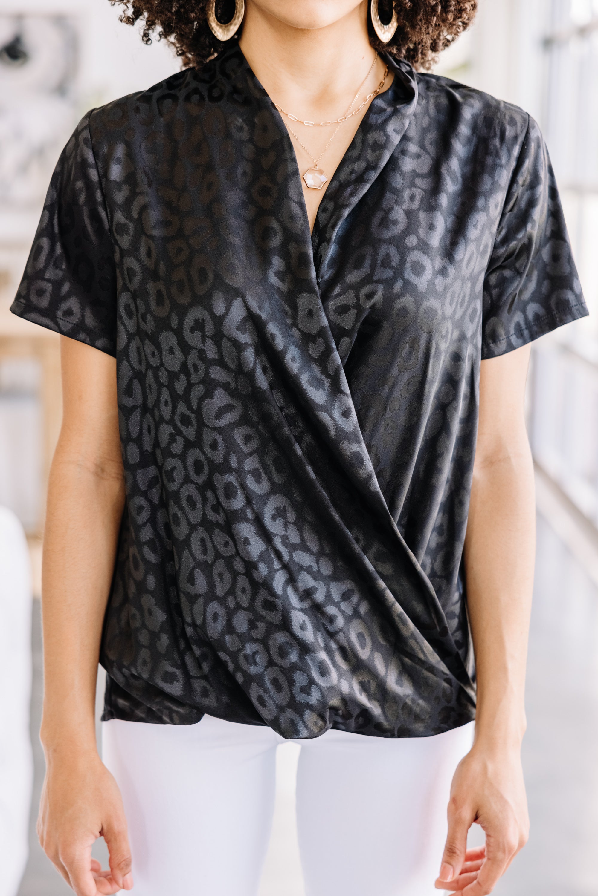 All My Love Enchanting Black Satin Leopard Print Blouse