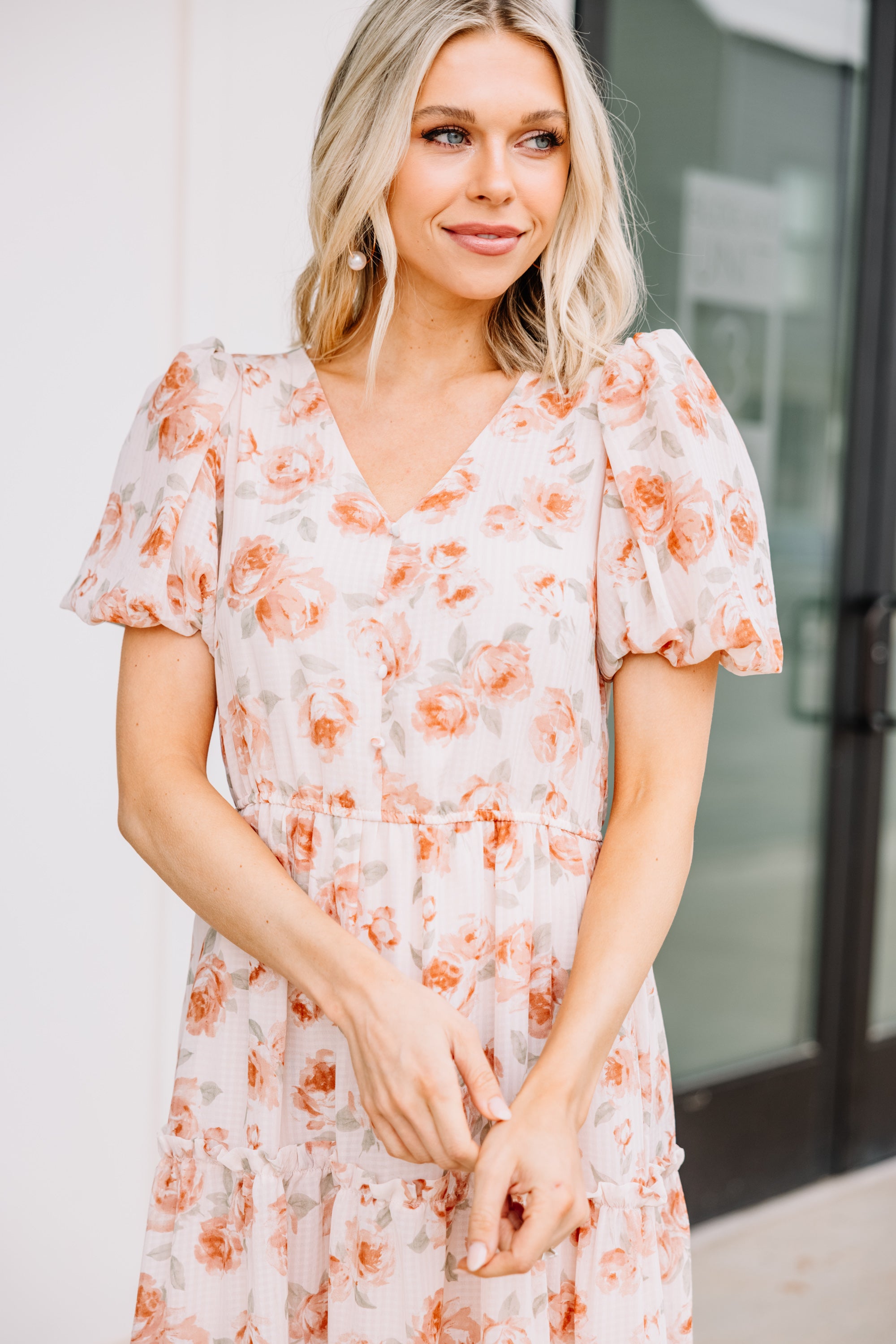 Enchanting Dusty Orange Floral Midi Dress - Feel Present and Stunning!