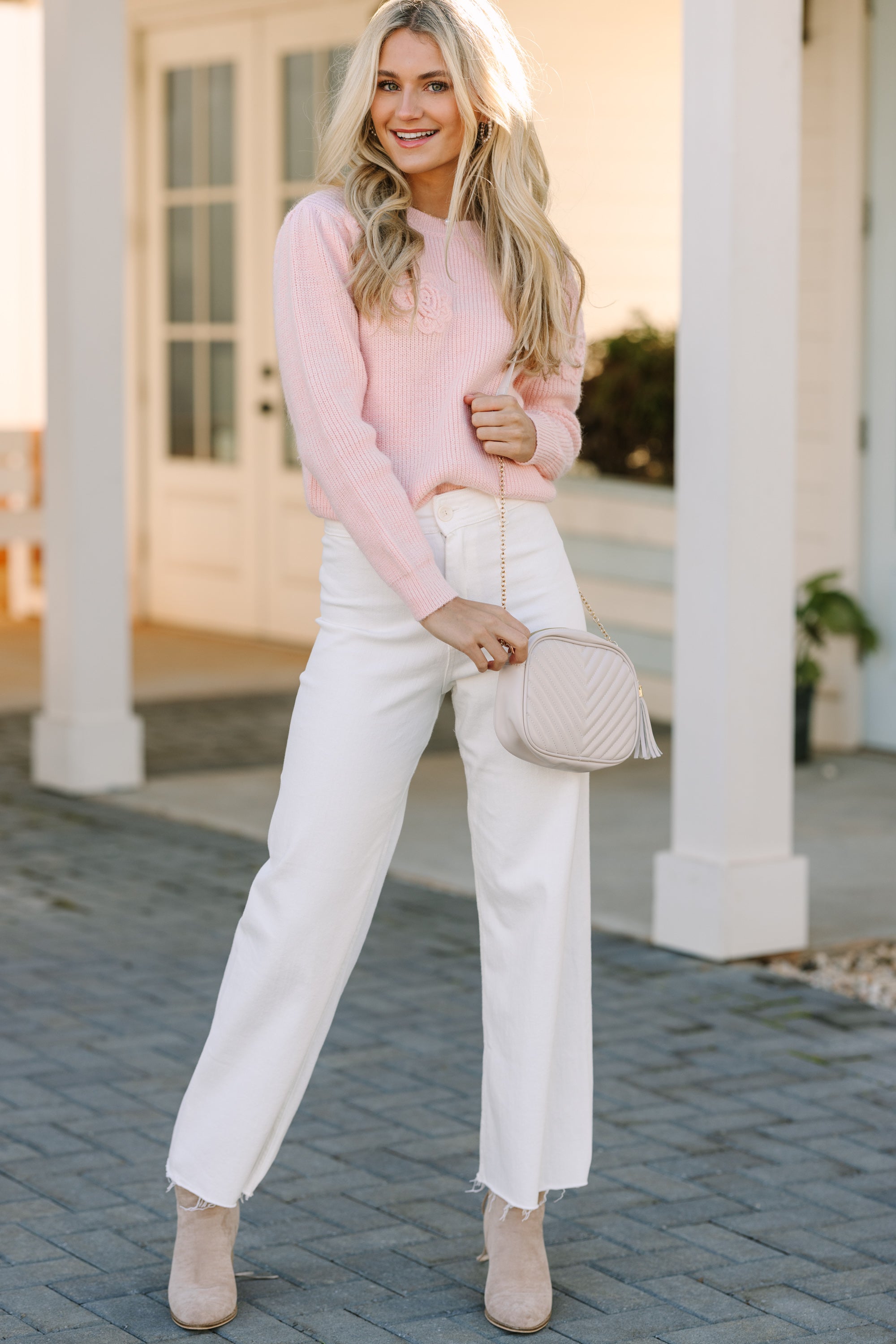 Enchanting Happy Travels Pink Rose Embellished Sweater