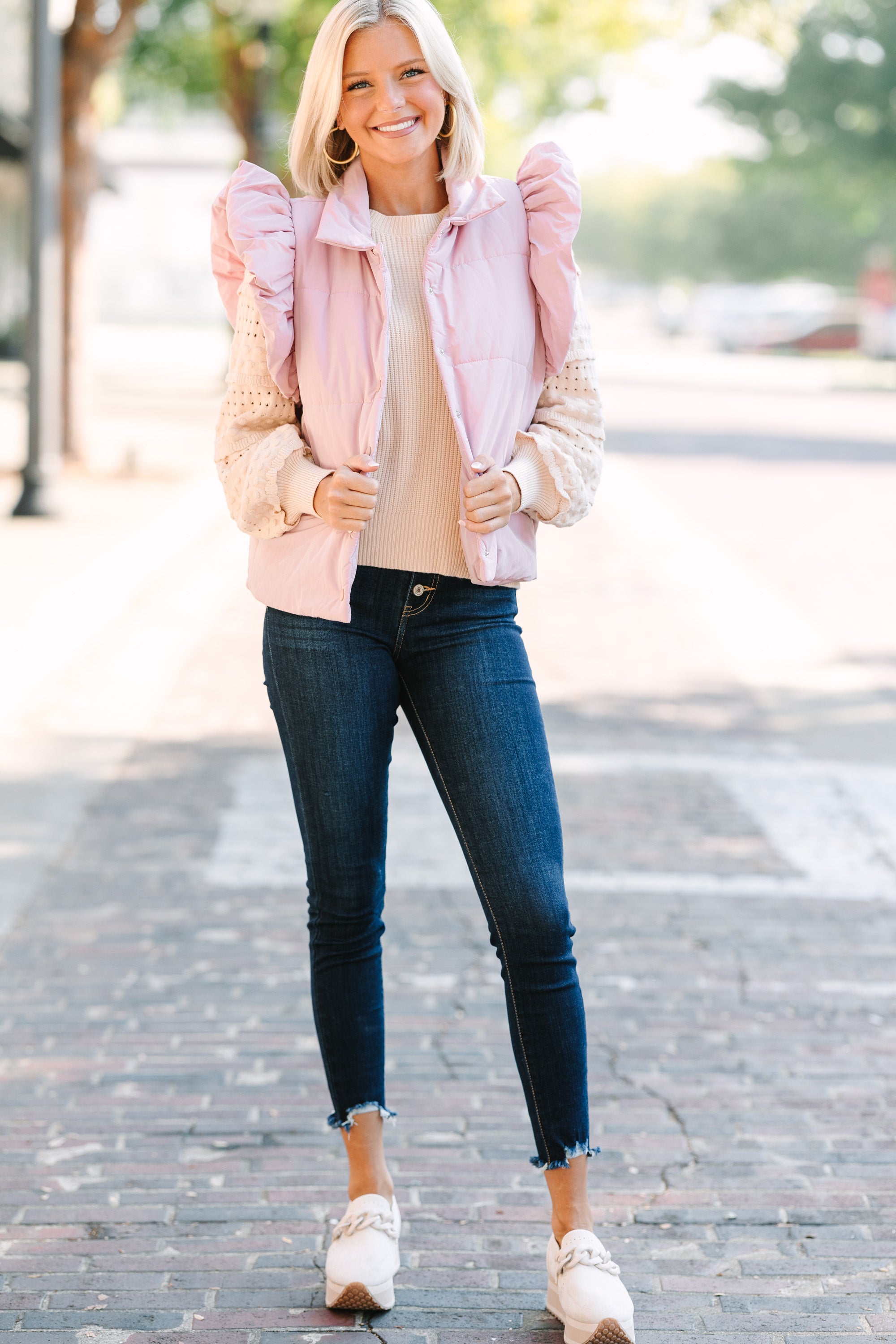 Irresistible Feminine Blush Pink Ruffled Puffer Vest
