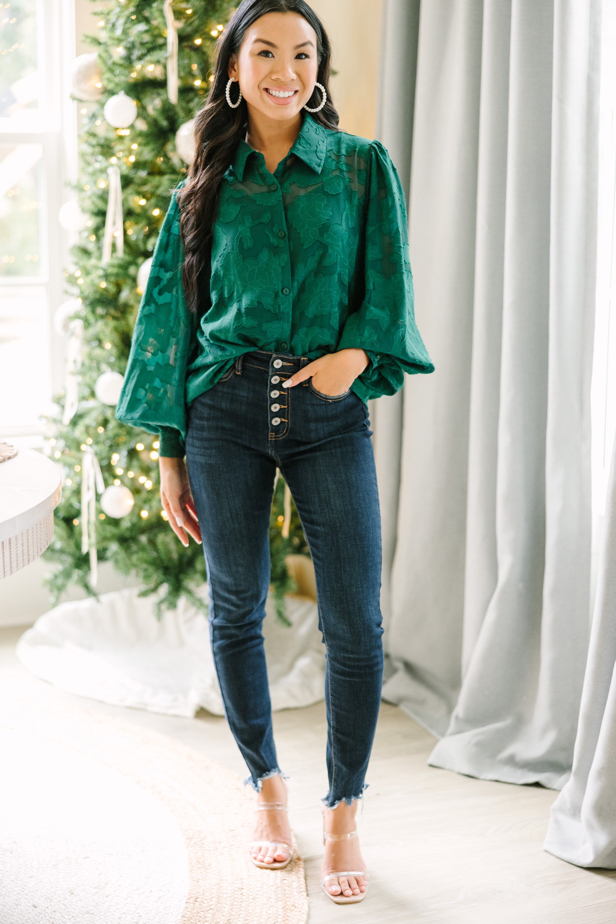 Gorgeous Emerald Green Textured Floral Blouse: All Details Included!