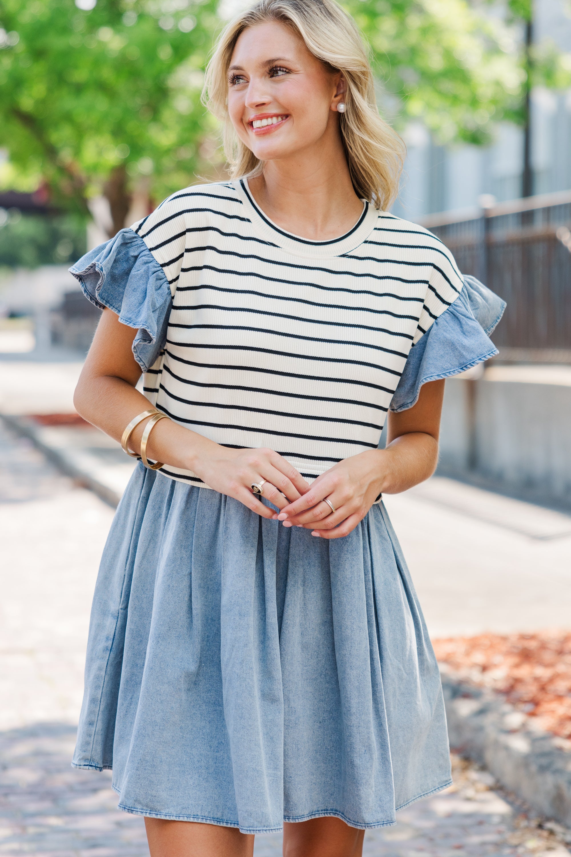 Charming Striped Beauty Cream Dress