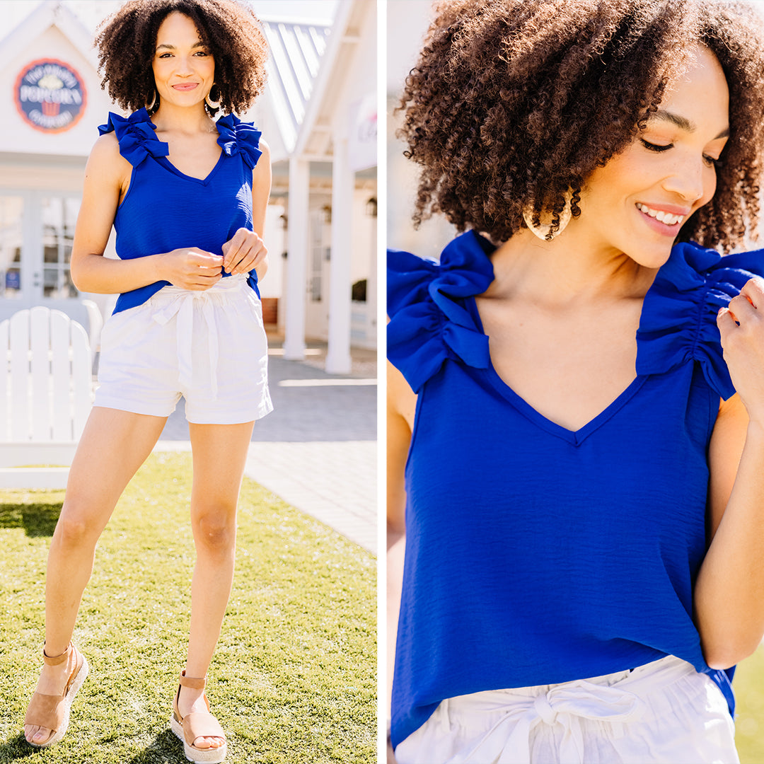 Royal Blue Delight: Happy Days Ruffled Tank