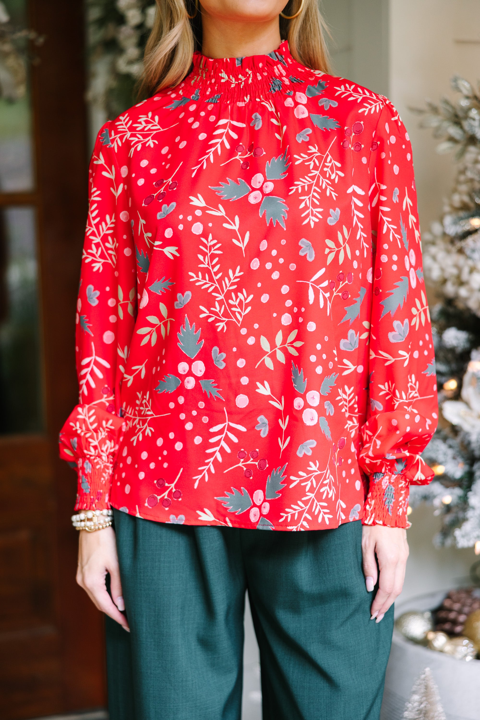 Stunning Red Holly Floral Blouse - All You Need for the Holidays!