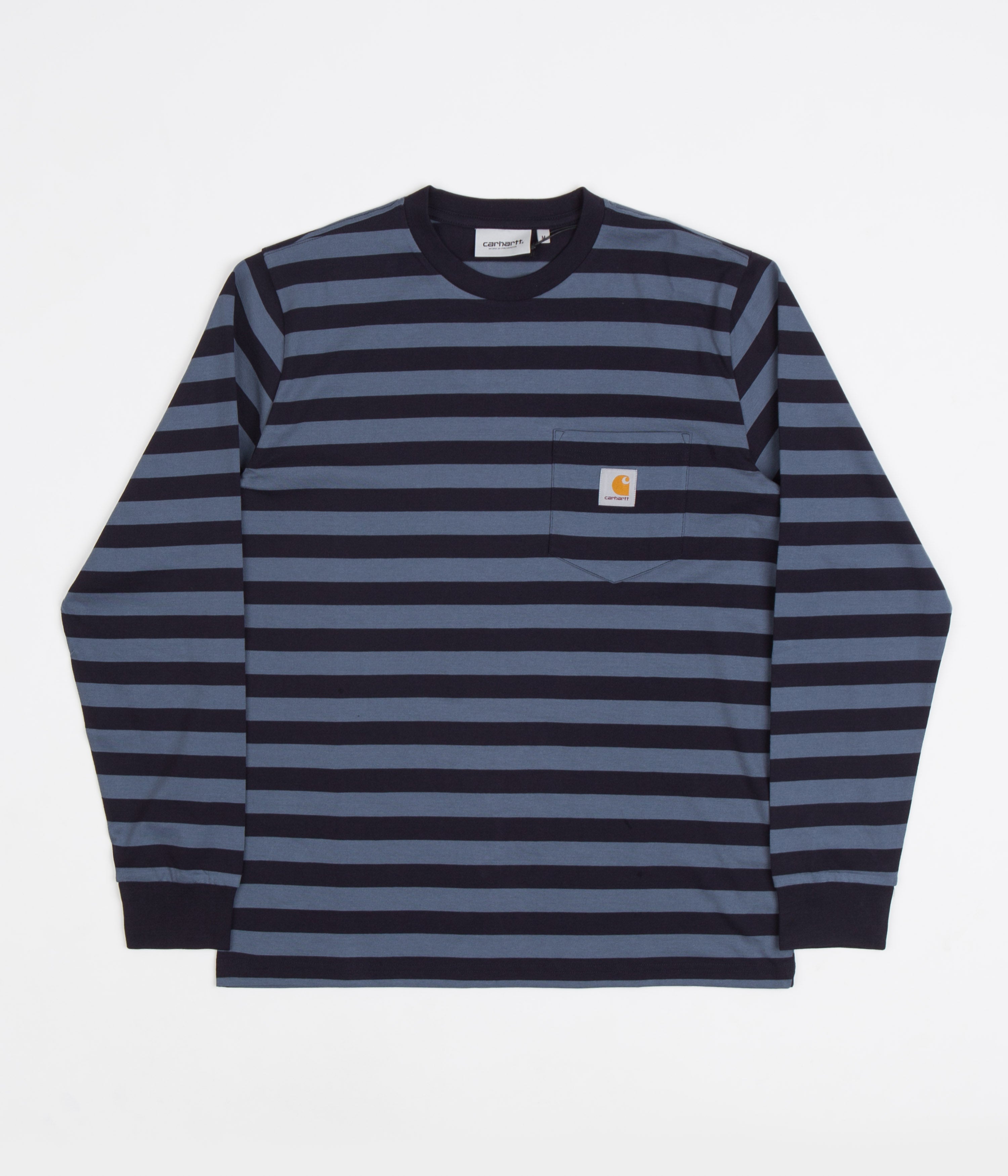 Carhartt Merrick Pocket Long Sleeve T-Shirt - Stylish Stripes in Dark Navy & Storm Blue