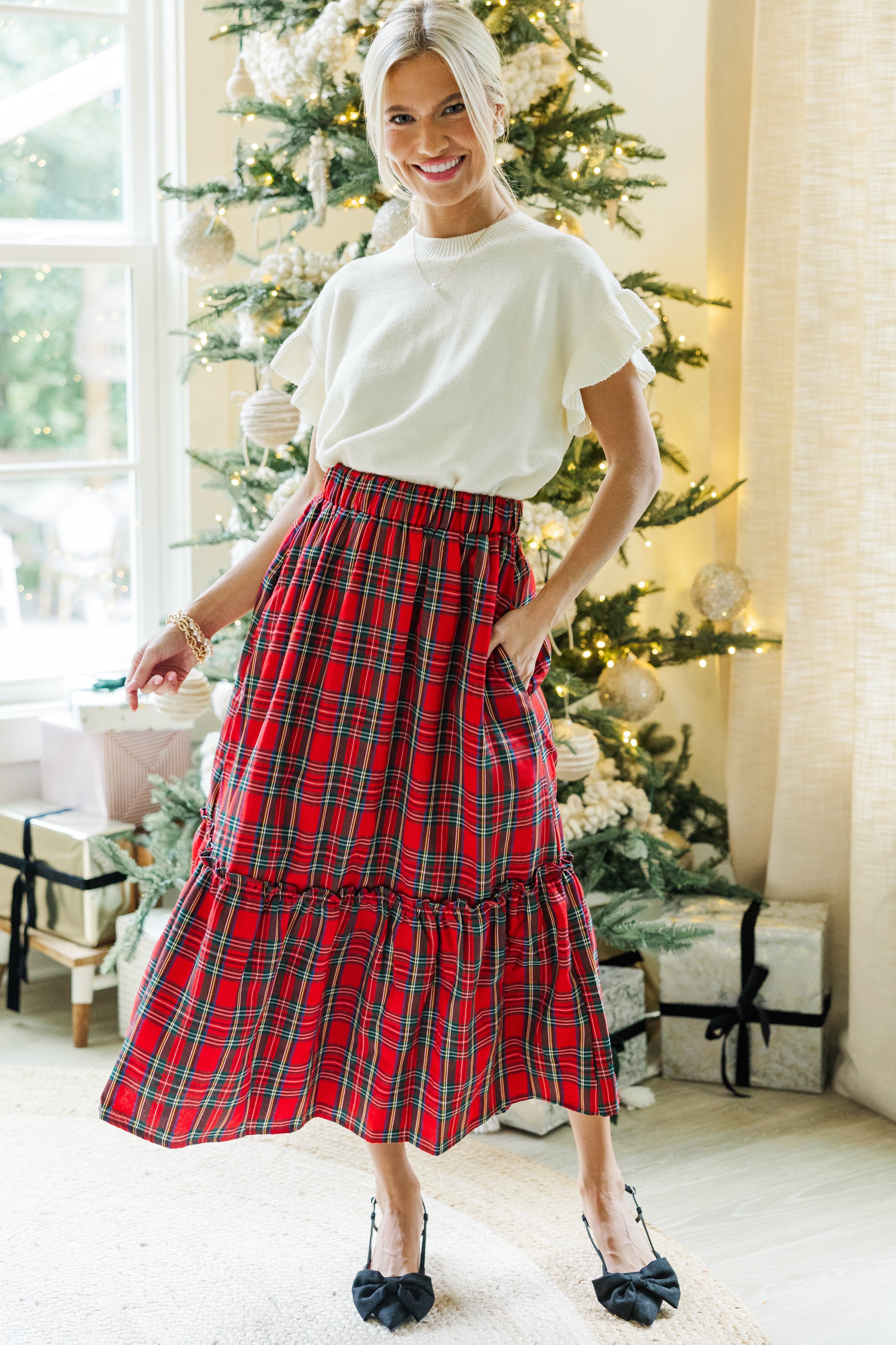 Enchanting All In A Dream Red Tartan Plaid Midi Skirt for the Holidays
