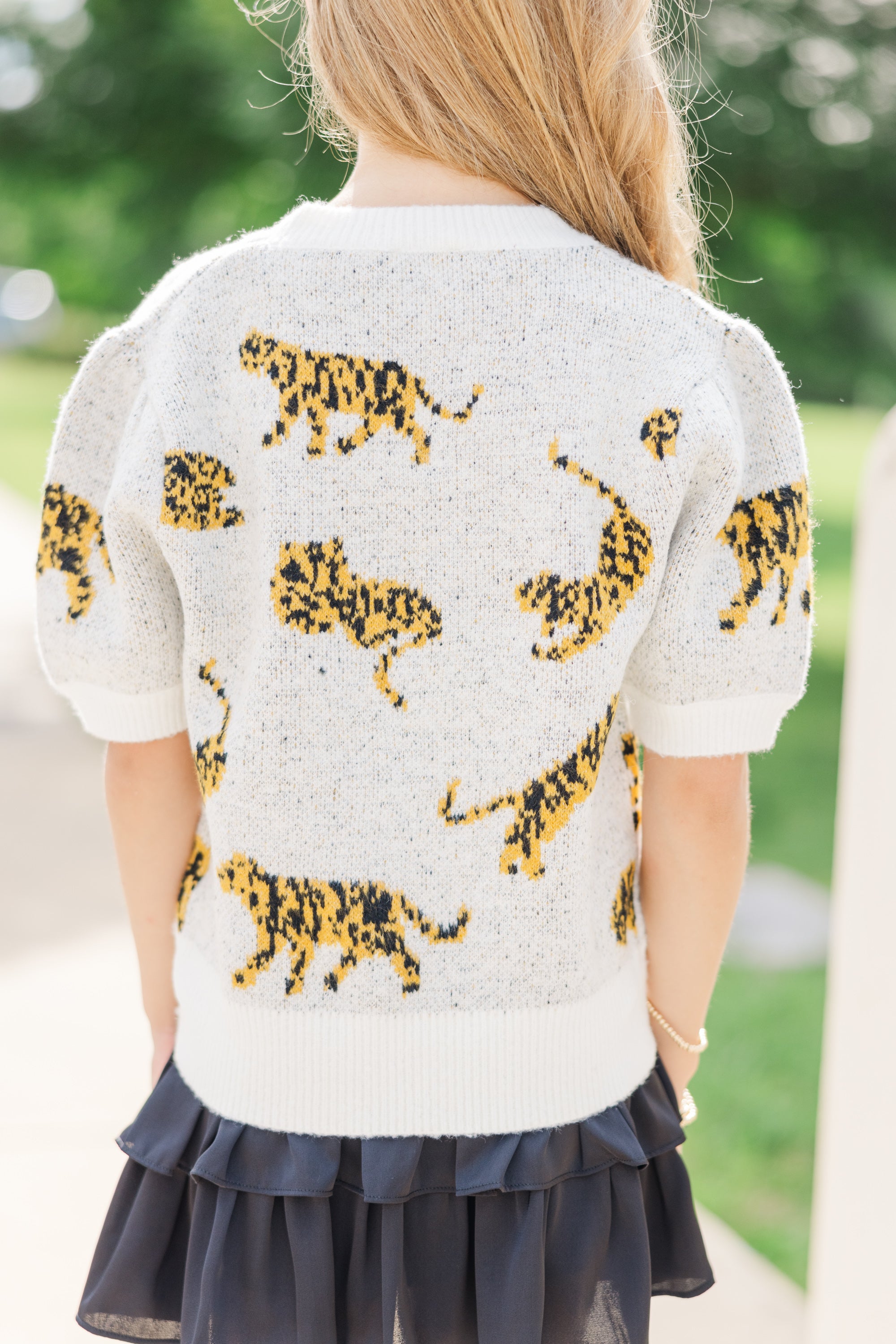 Girls' Ivory White Tiger Print Short Sleeve Sweater - On The Prowl!