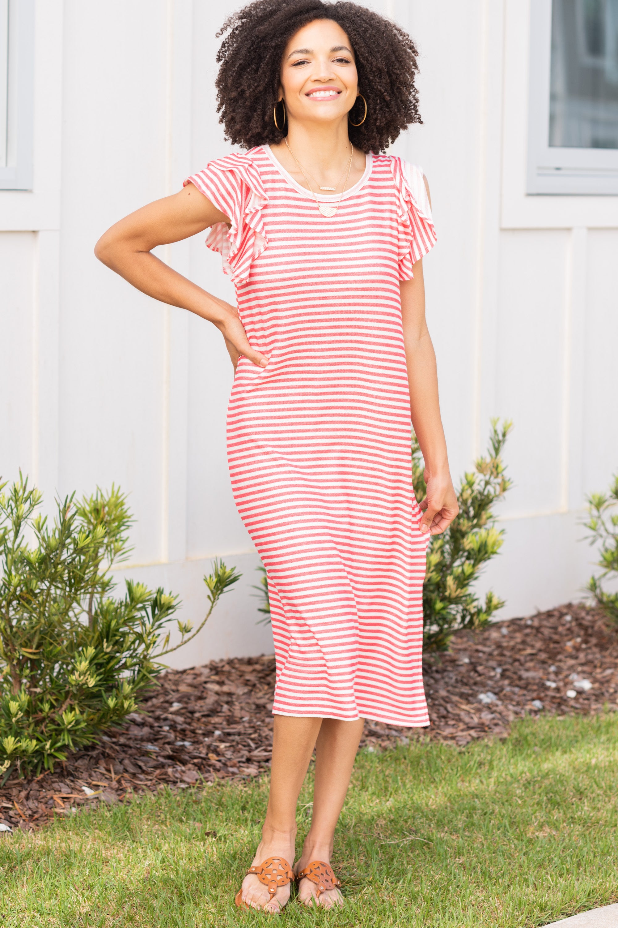 Absolutely Delightful Red Striped Midi Dress - A Must-Have!
