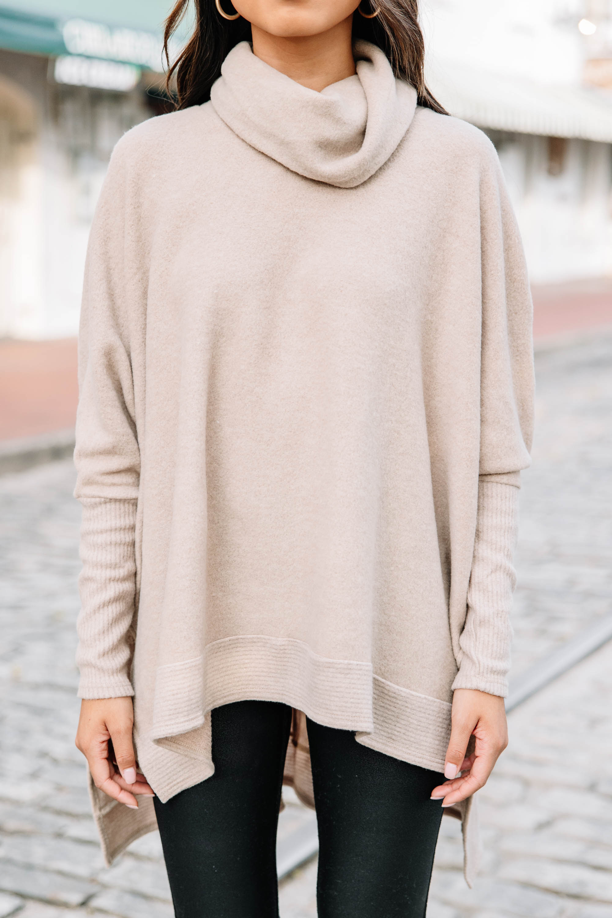 Charming Oatmeal Brown Cowl Neck Sweater for a Chipper Feeling