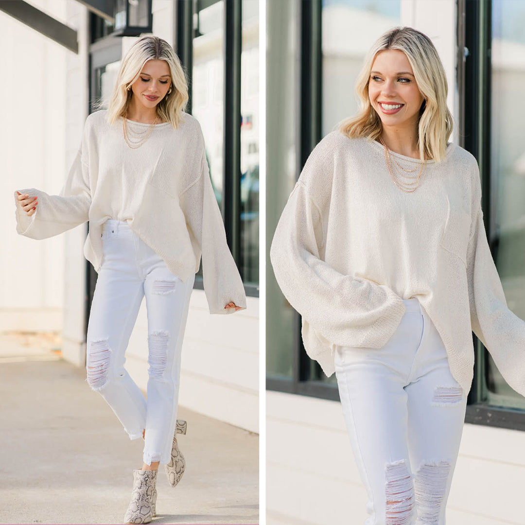 Charming Ivory White Bell Sleeve Truth-Facing Sweater