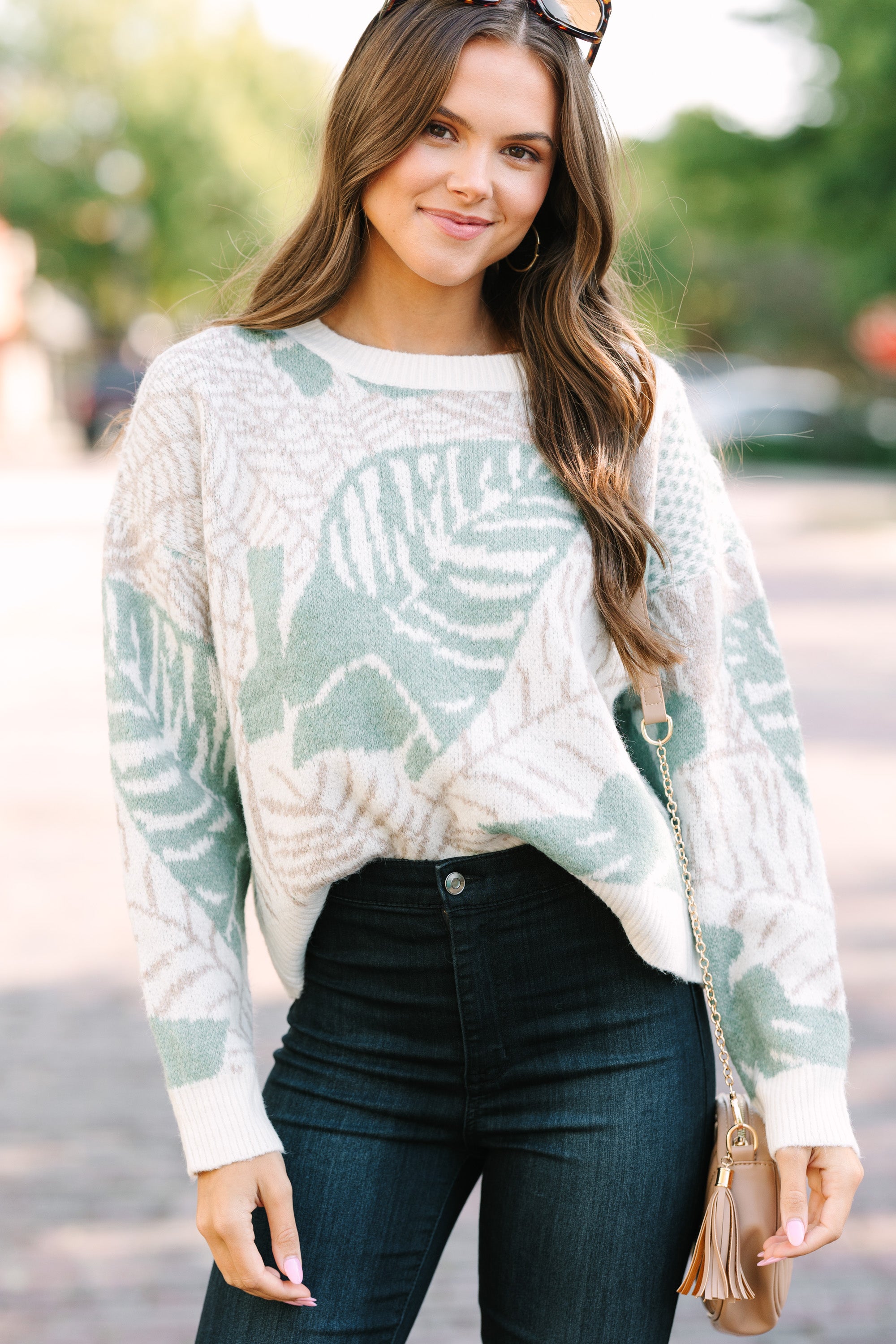 Alluring All In Love Sage Green Leaf Print Sweater