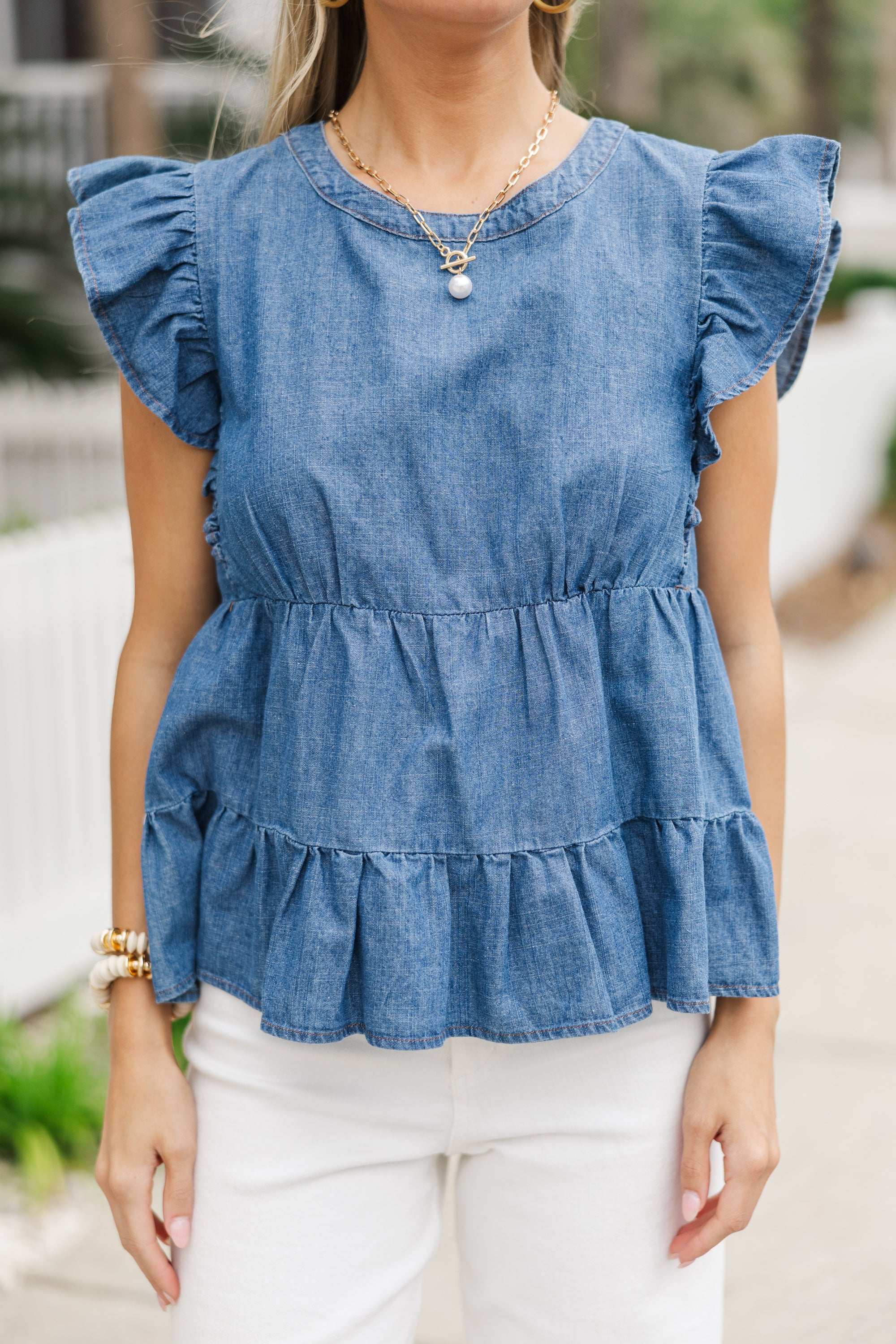 Irresistible Dark Wash Chambray Ruffled Blouse - A Summer Must-Have!