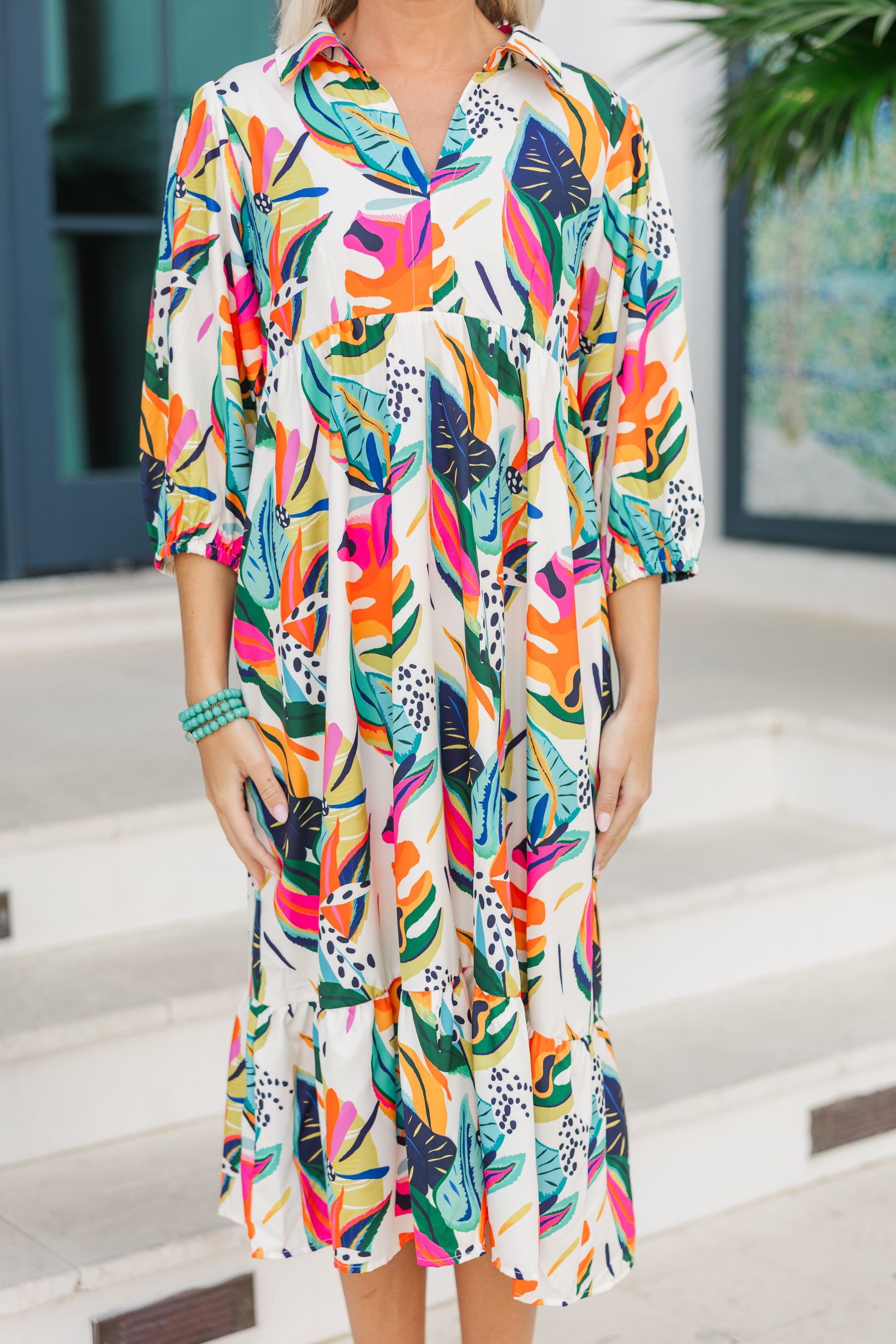 Alluring Tropical Midi Dress - Cream White for Your Journey