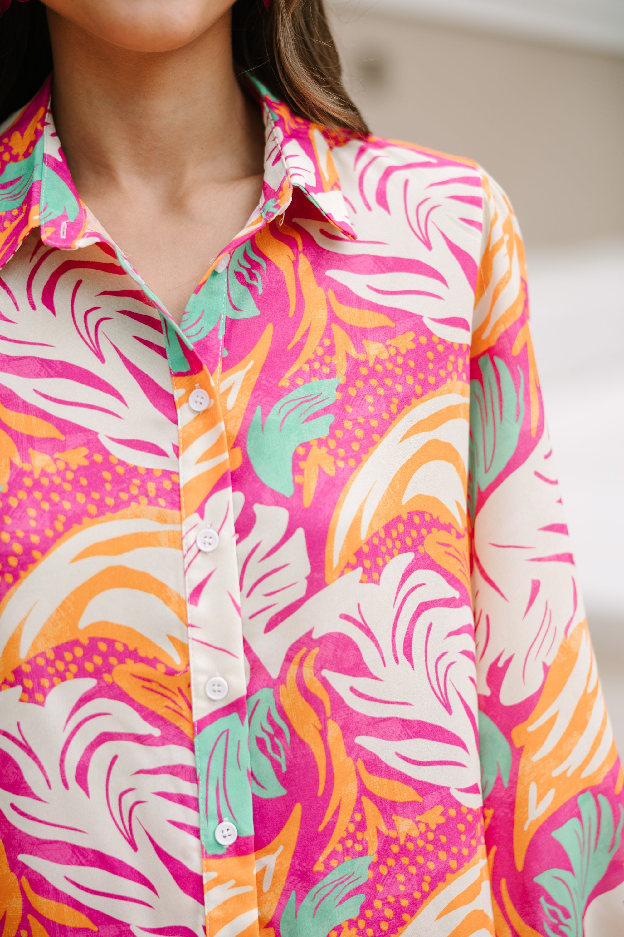 Stunning Fuchsia Pink Abstract Button - Down Blouse