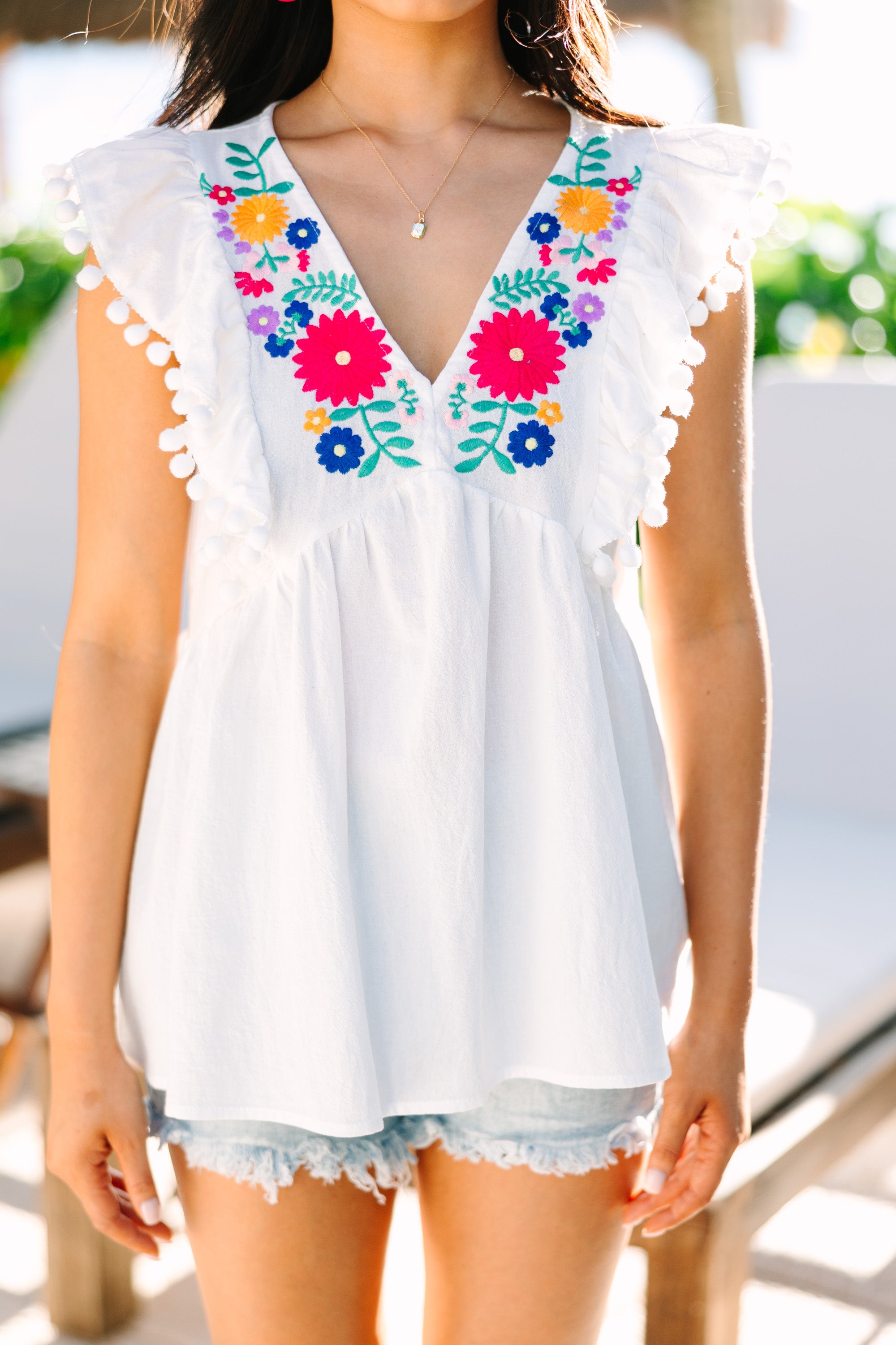 Joyful White Embroidered Babydoll Blouse - Spread Happiness!