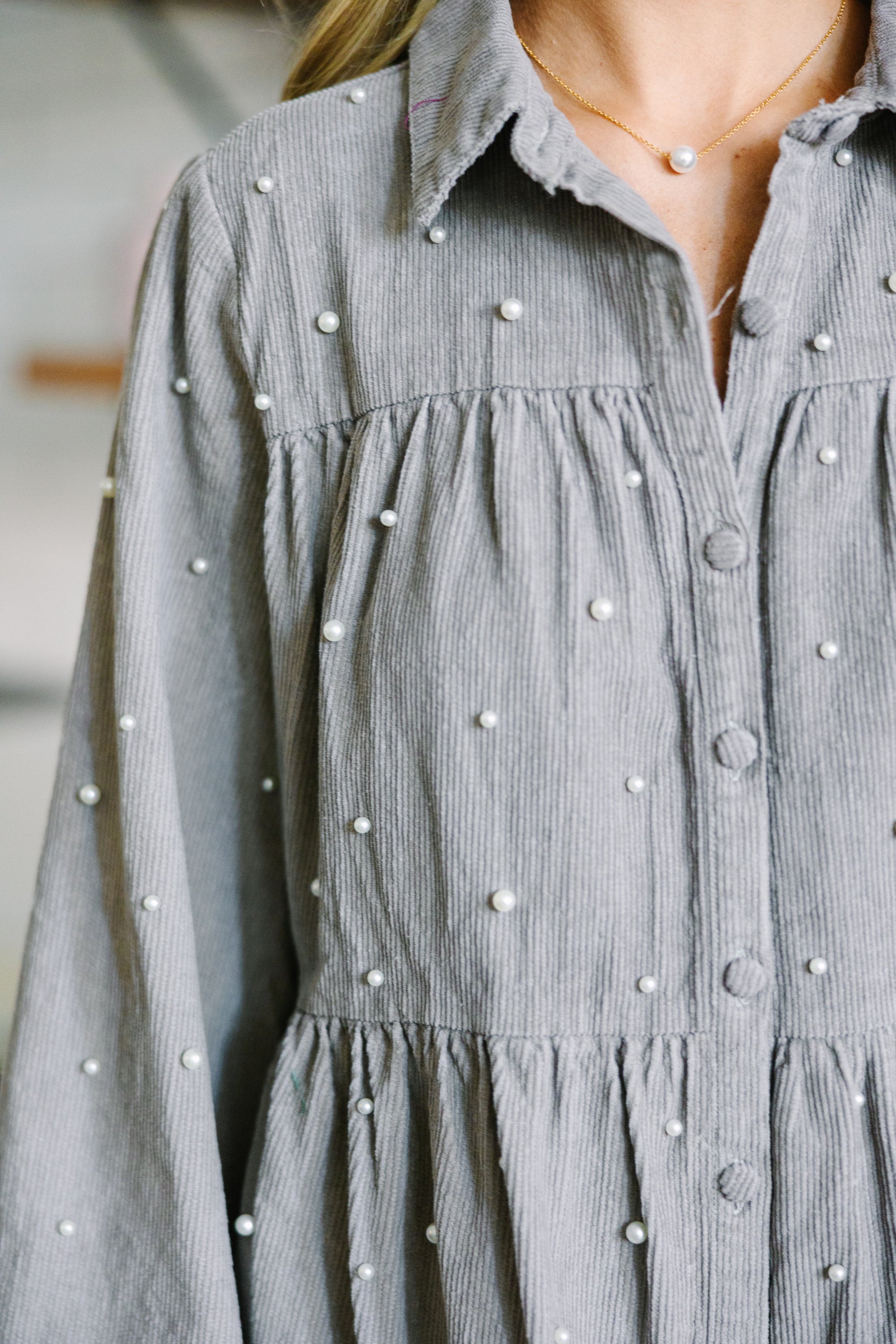 Joyful Charcoal Gray Pearl-Embellished Corduroy Babydoll Dress