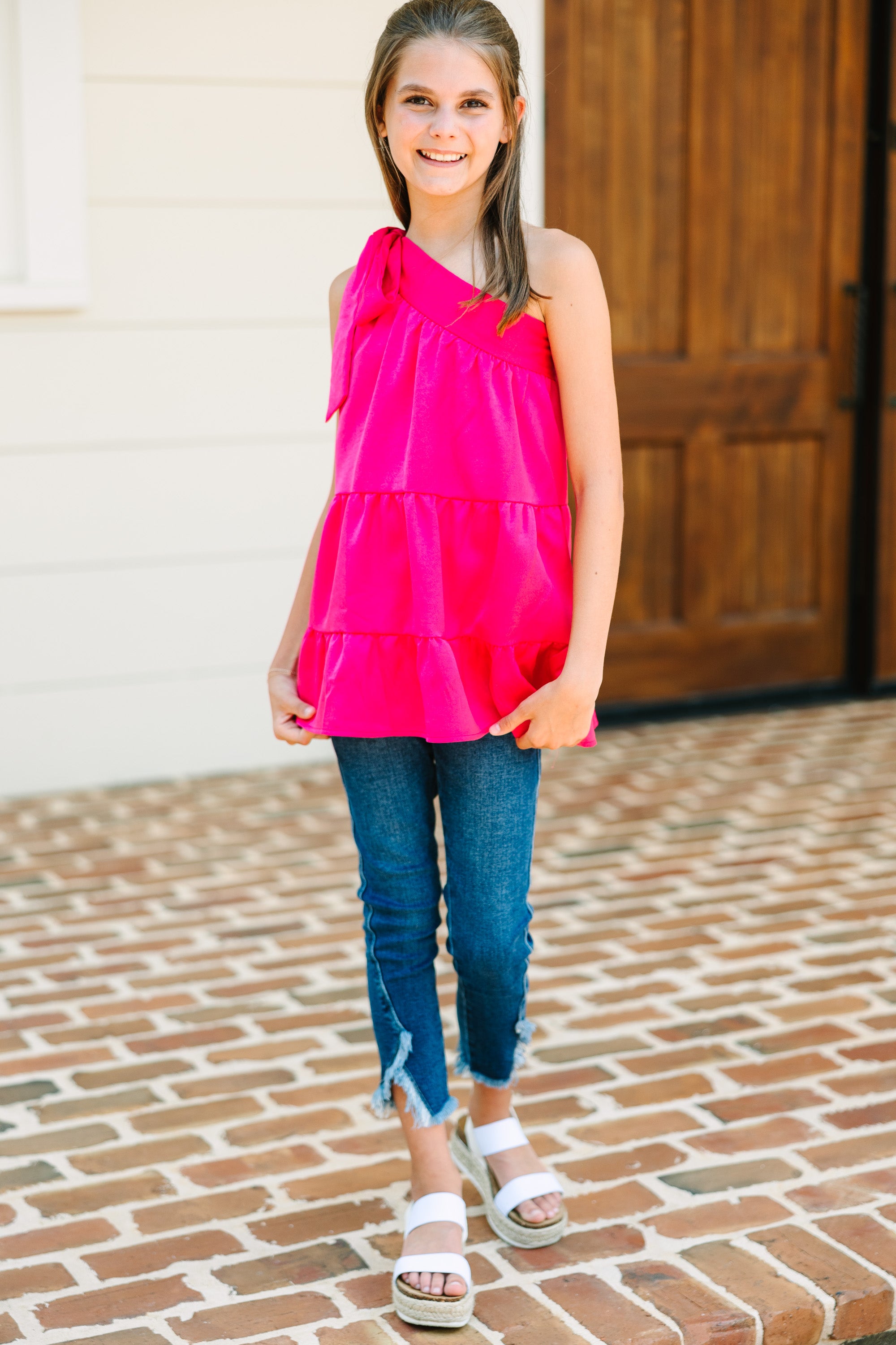 Gorgeous Fuchsia Pink Satin One Shoulder Tank for Girls - Protect Your Heart in Style!
