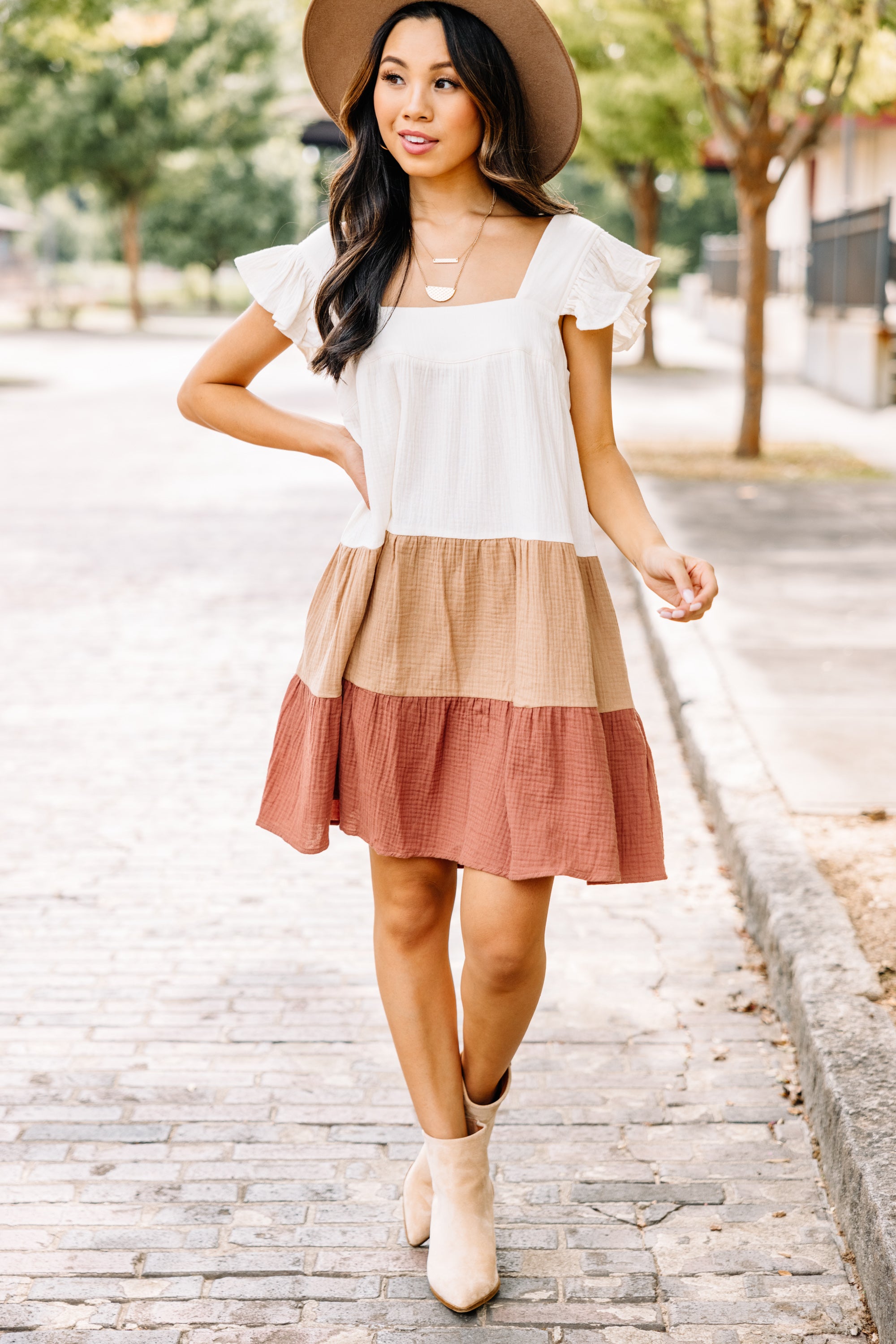 Irresistible Sweet Bronze - Brown Colorblock Fall Dress