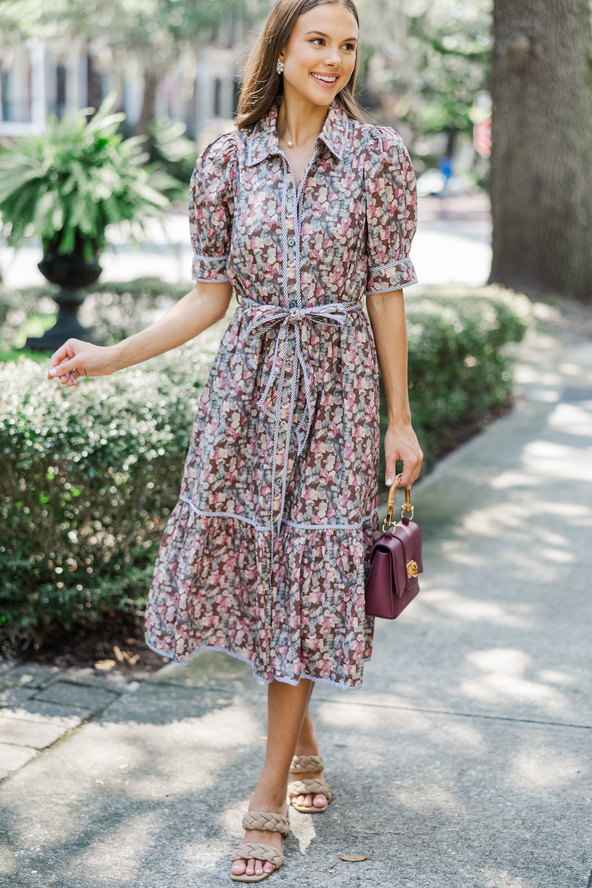 Fall in Love with the Be With Me Brown Ditsy Floral Midi Dress