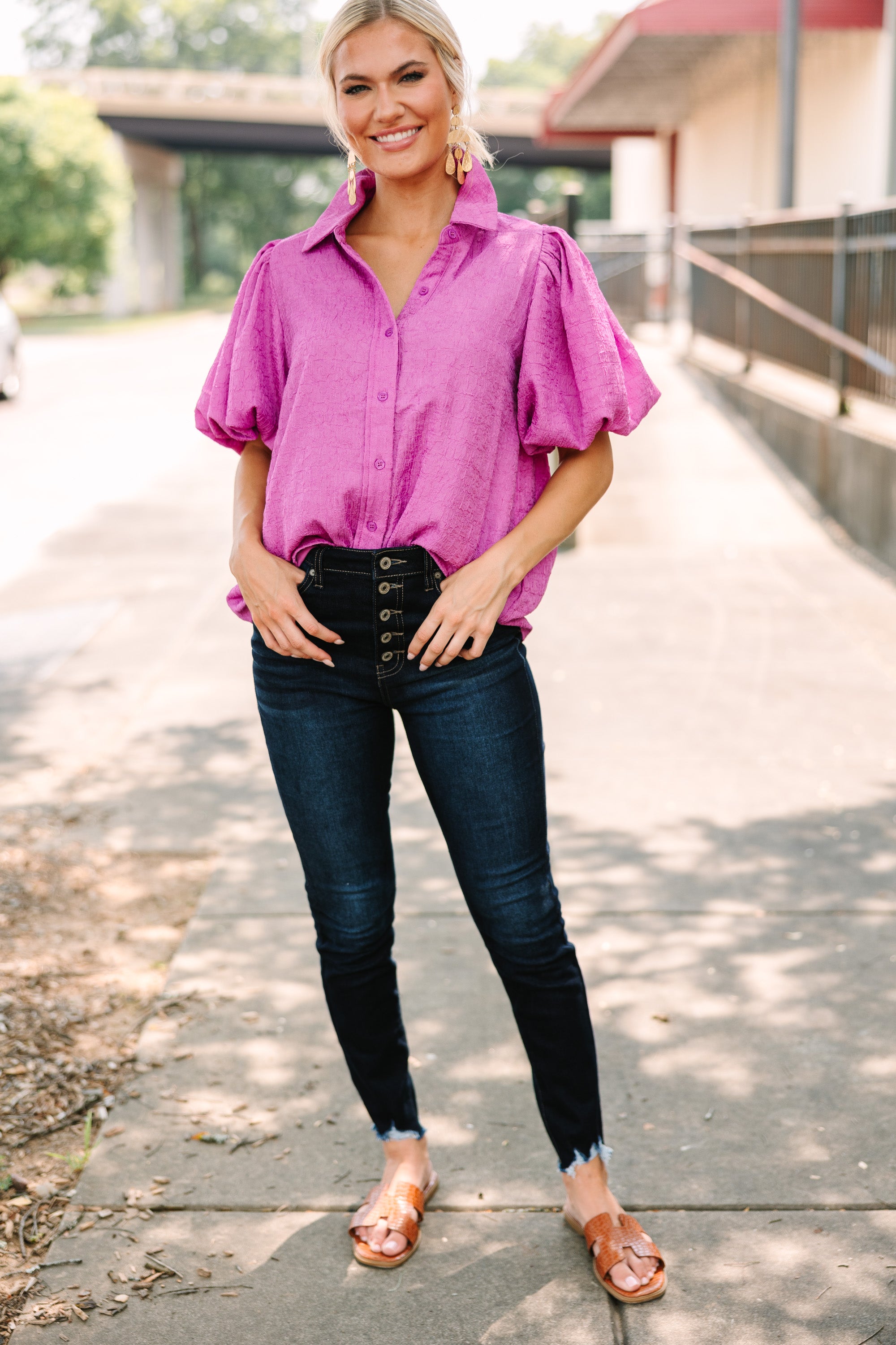 Chic Purple Textured 'Happy You're Here' Orchid Blouse