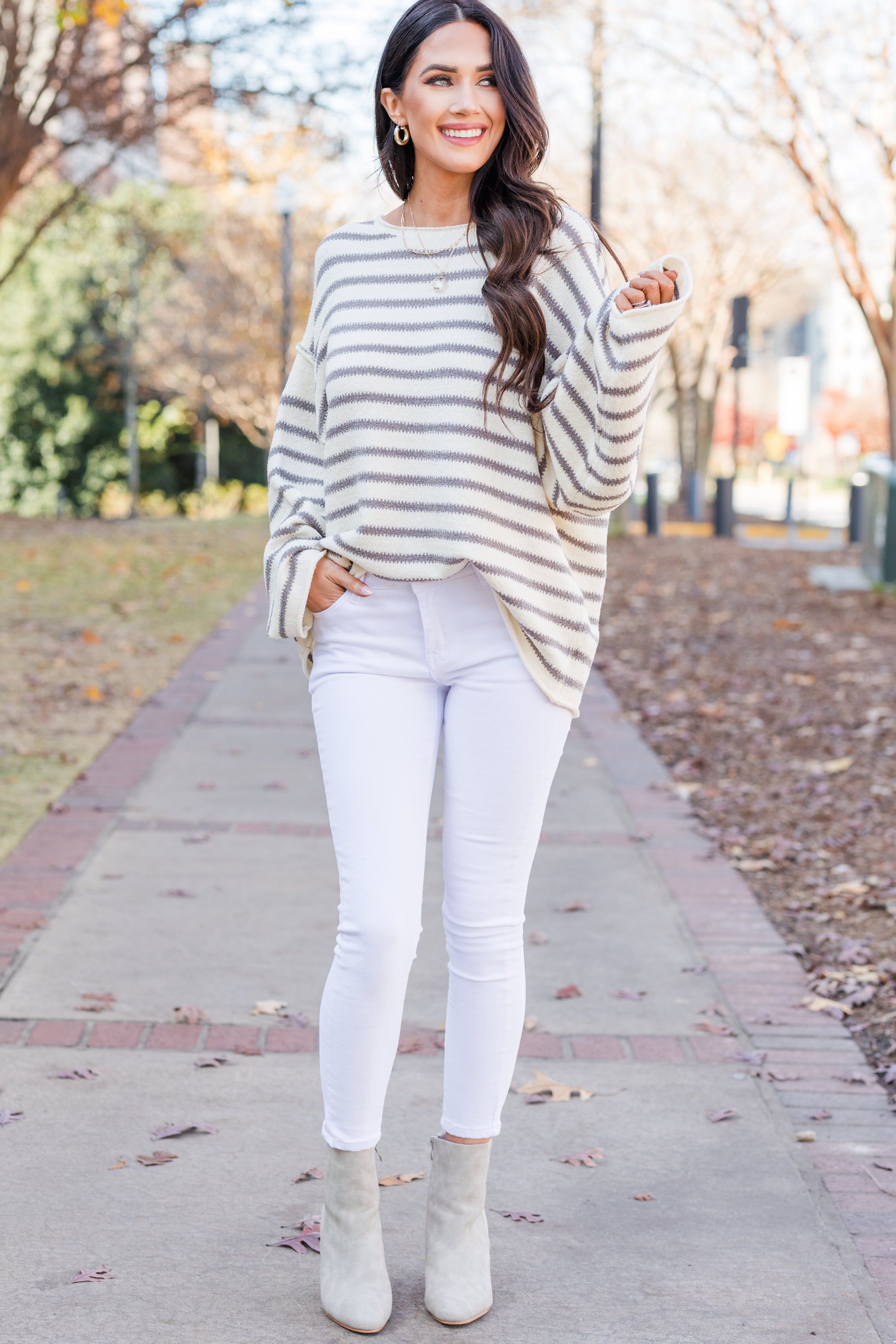Lucky Vibes Gray Striped Sweater