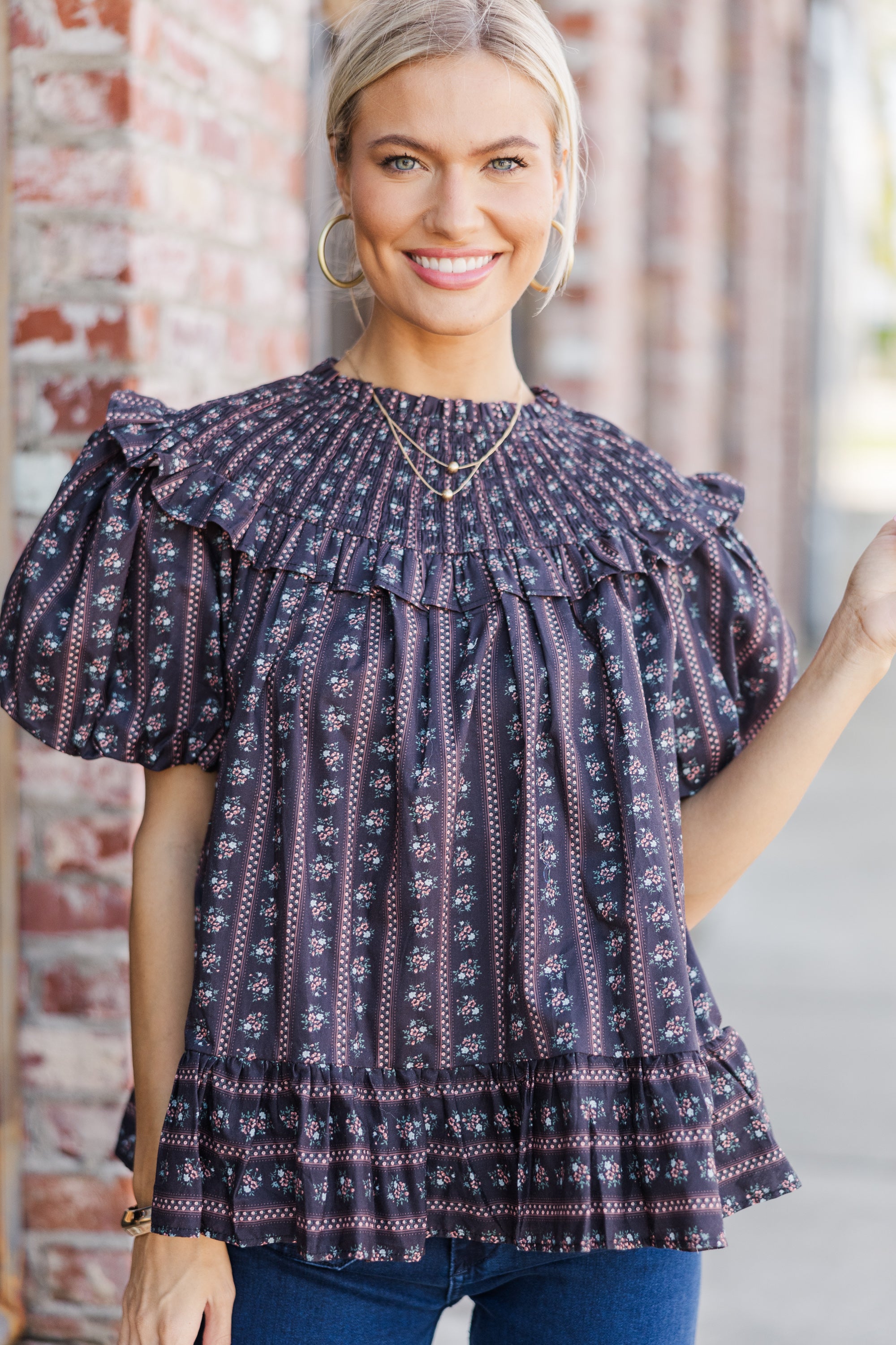 Aureum: Unforgettable Black Ditsy Floral Babydoll Blouse