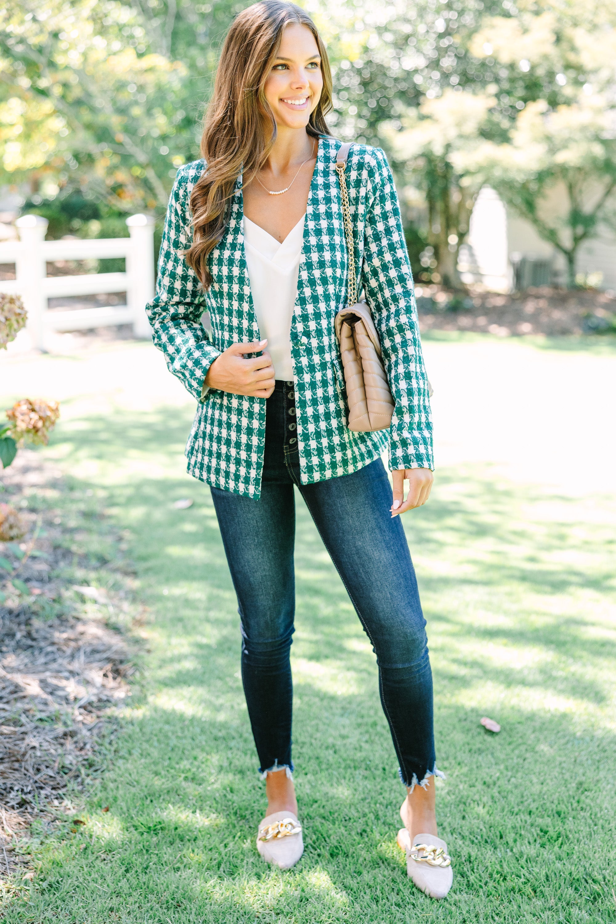 Gorgeous All In A Day Hunter Green Houndstooth Jacket - A Must-Have!