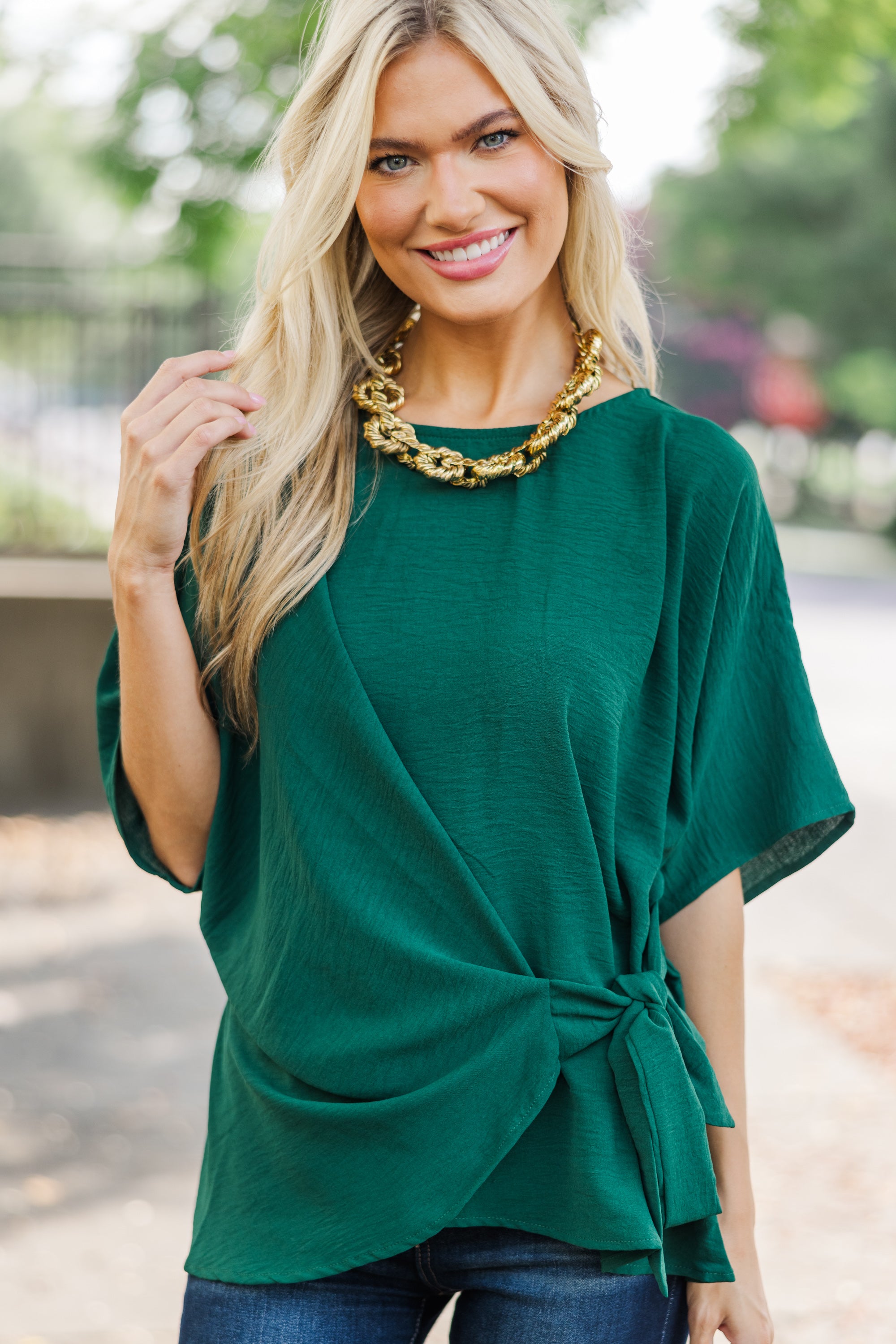 Happy Thoughts Emerald Green Tied Feminine Blouse - Style Your Day!