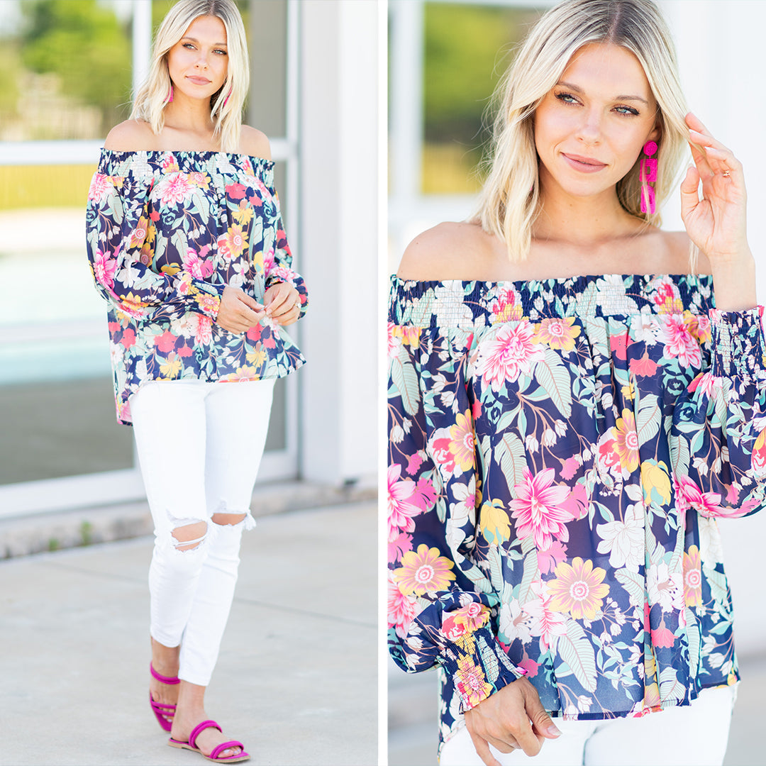 Enchanting Navy Blue Floral Blouse: Your Key to Happiness
