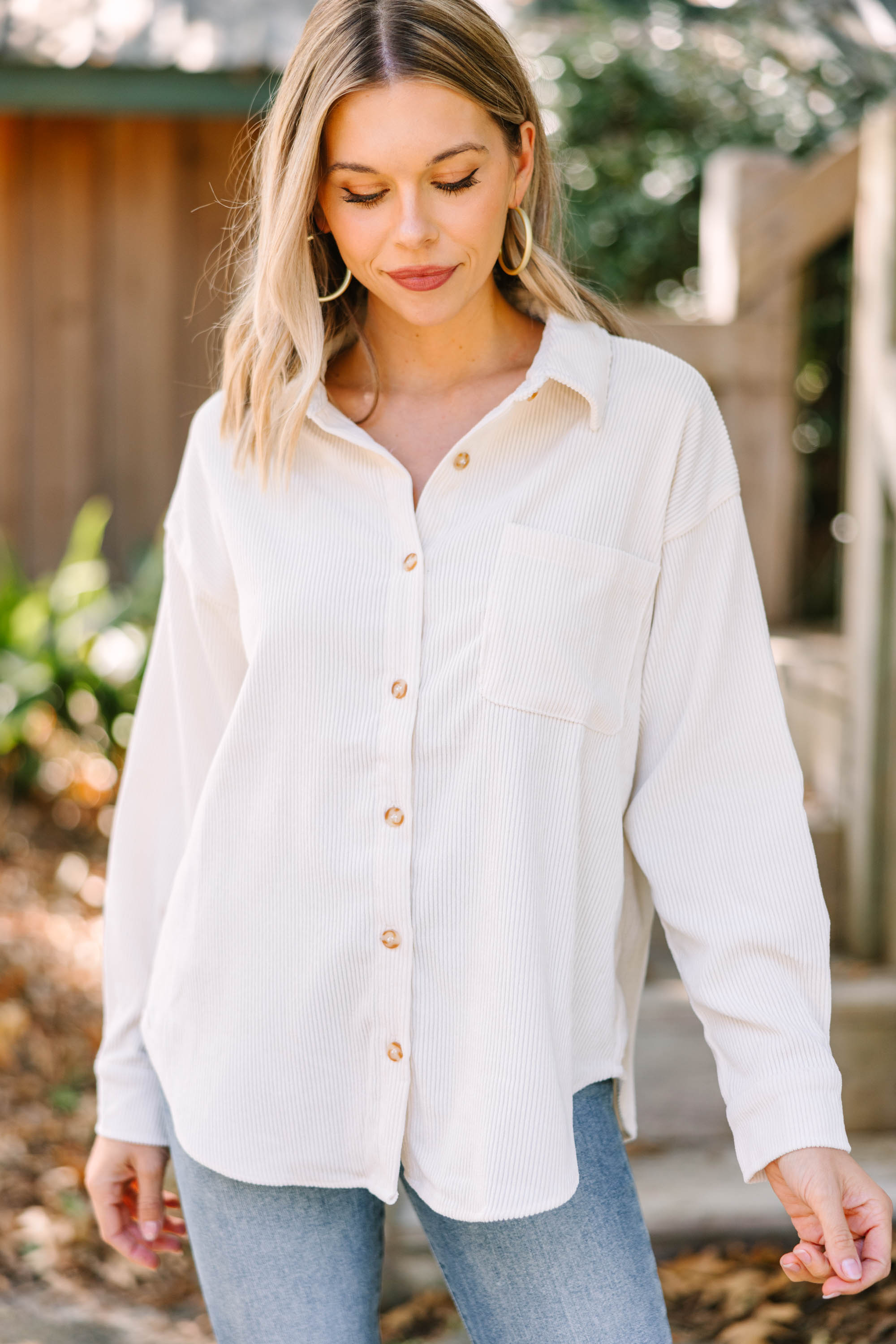 Feel Your Best in This Ivory White Corduroy Shacket