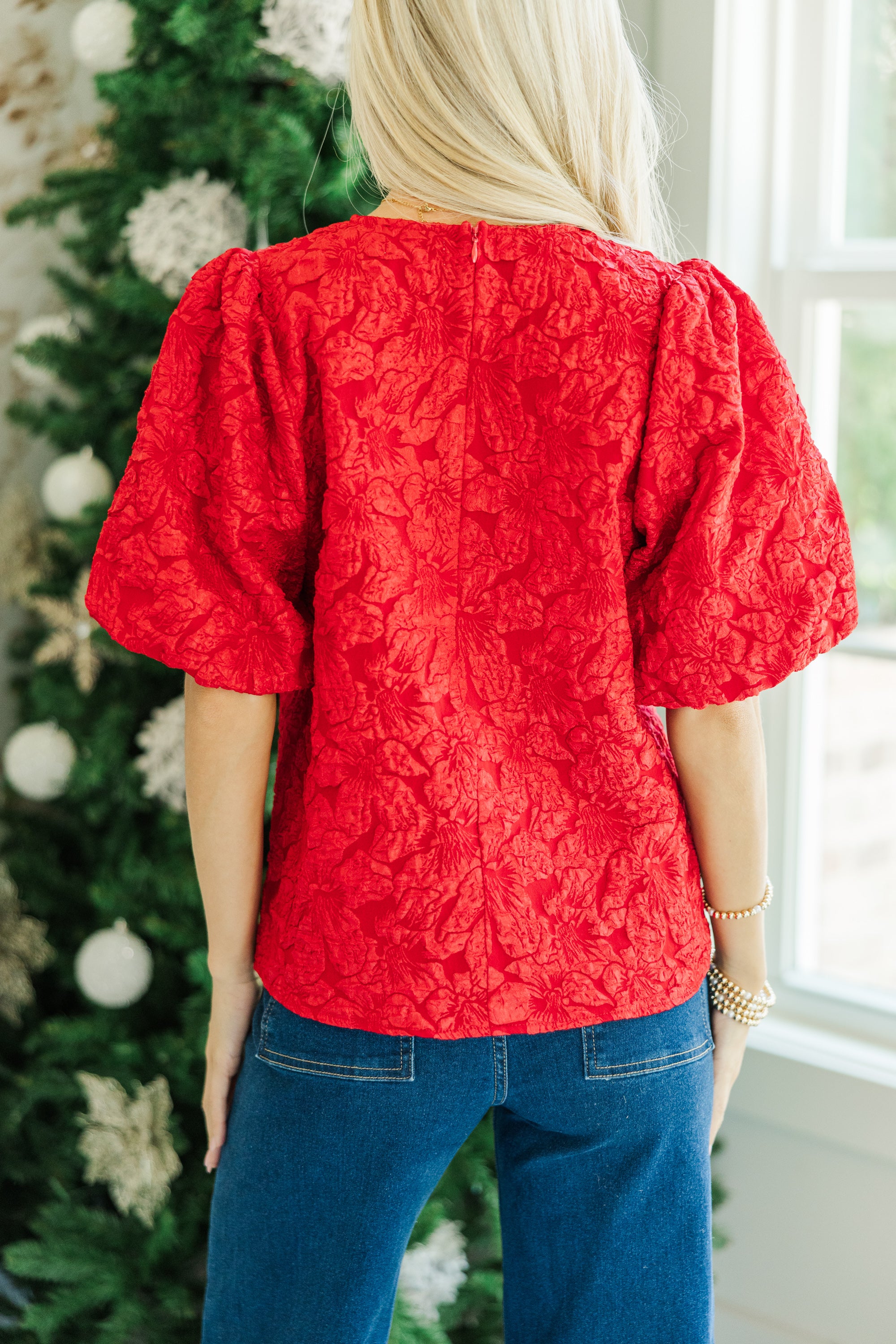 All Is Bright Red Festive Jacquard Blouse - A Holiday Must-Have!