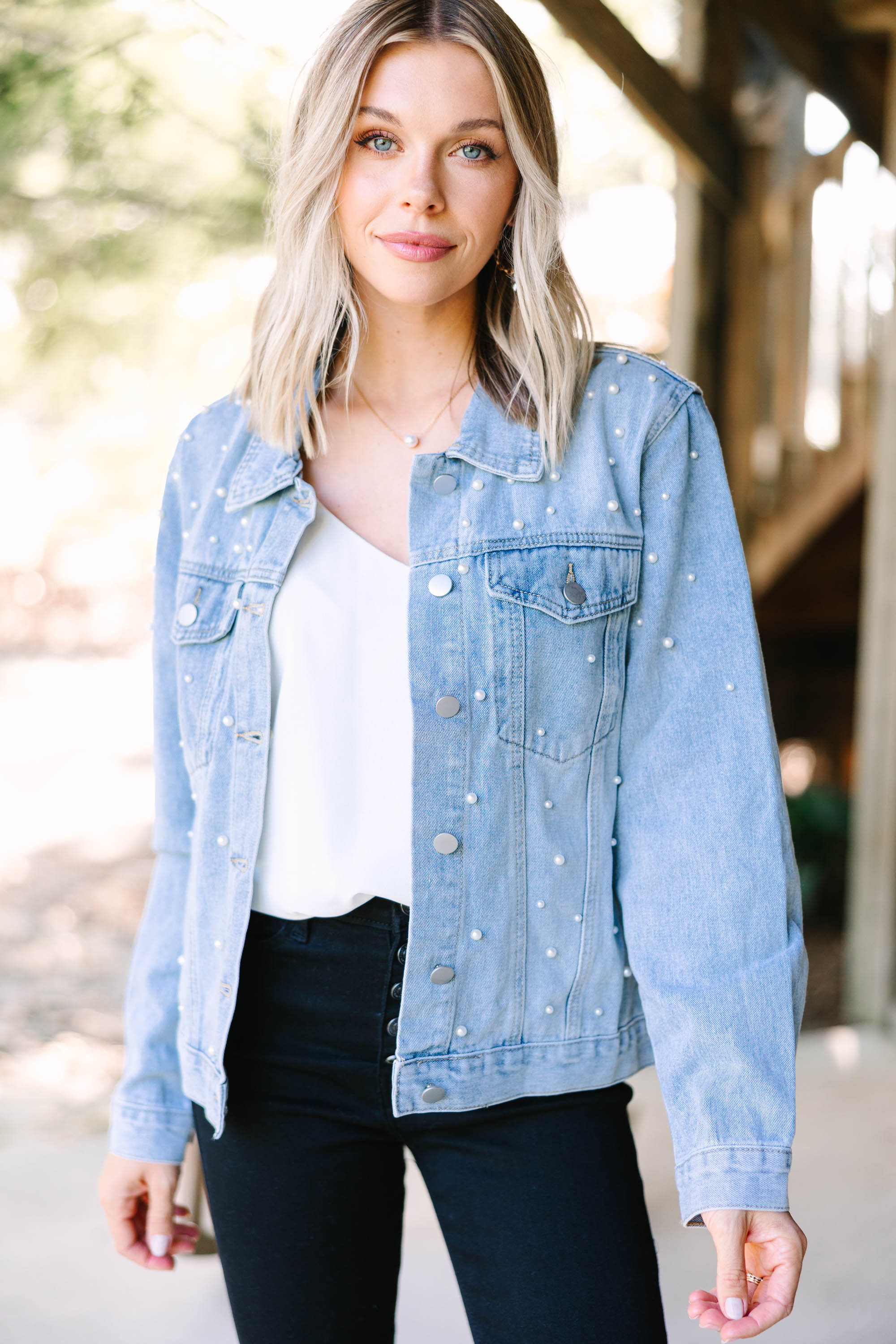 Eye - Catching Light Wash Pearl Embellished Denim Jacket