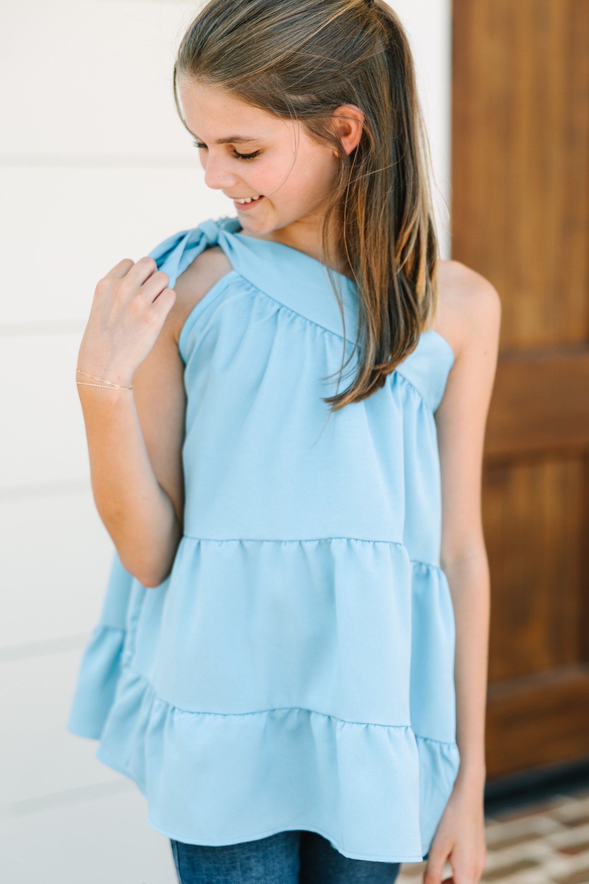 Adorable Girls' Blue Satin One Shoulder Heart-Protecting Tank
