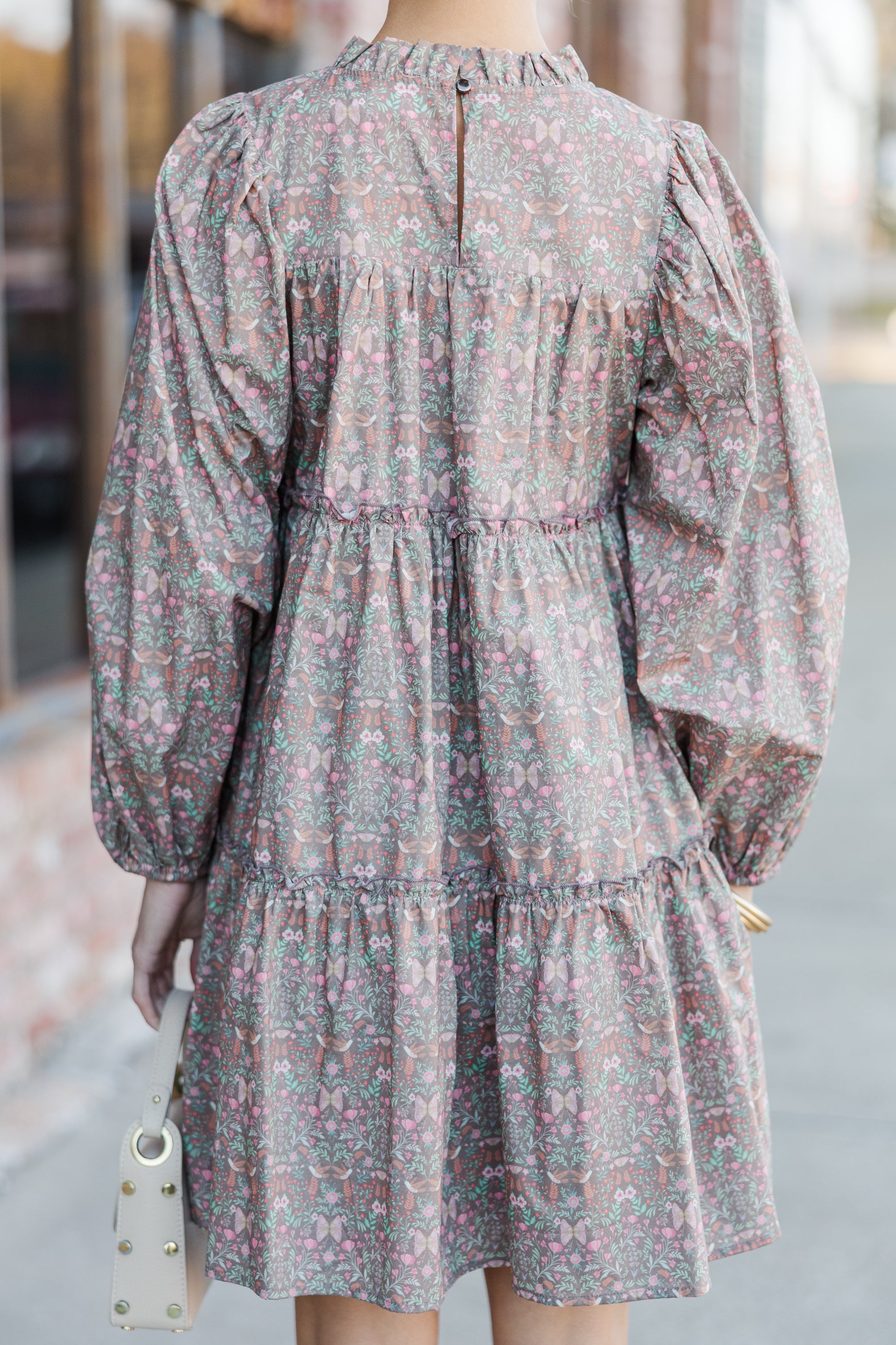 Gorgeous Muted Brown Floral Babydoll Dress - Be Your Best!