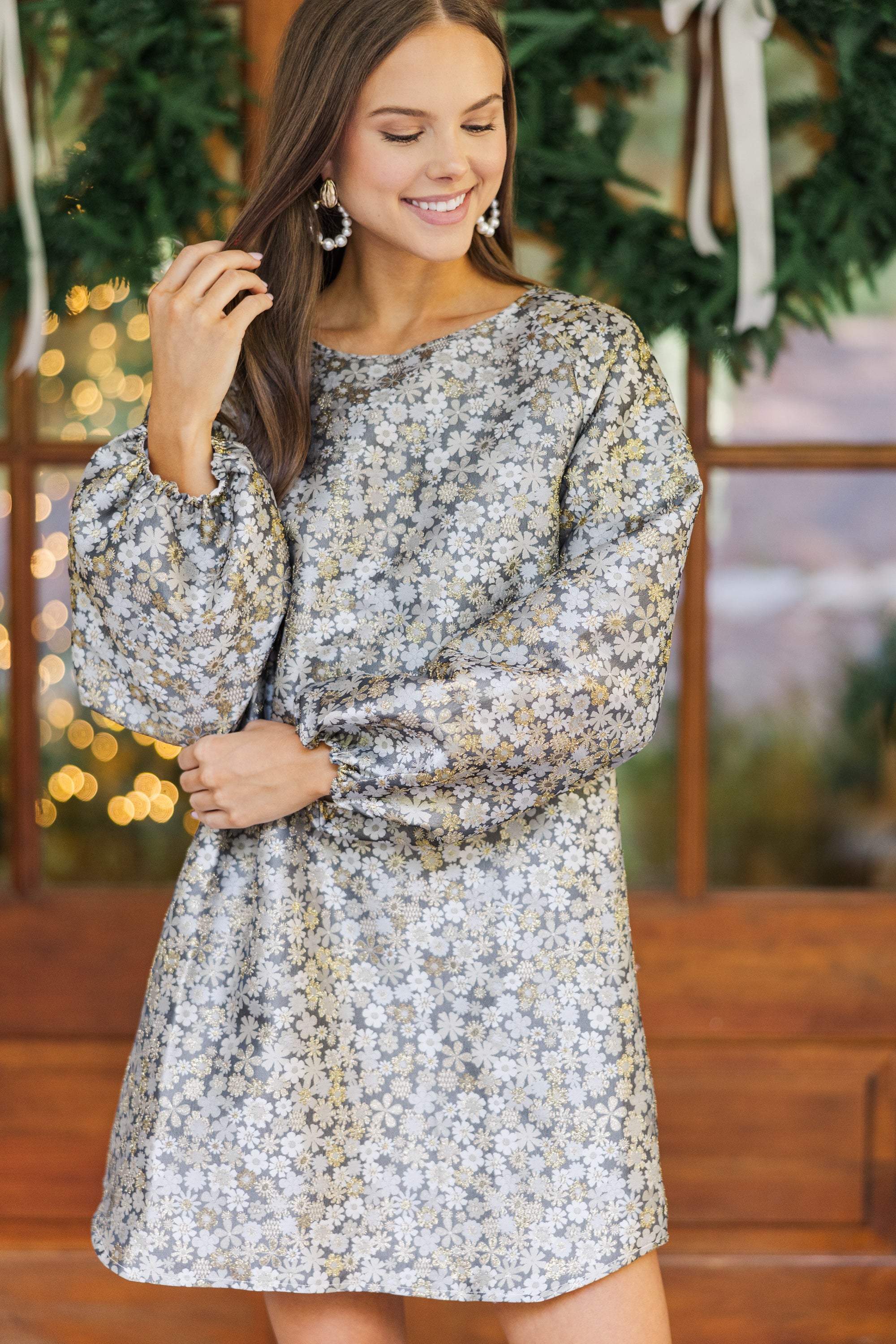Alluring All-In-One Gray Floral Brocade Dress