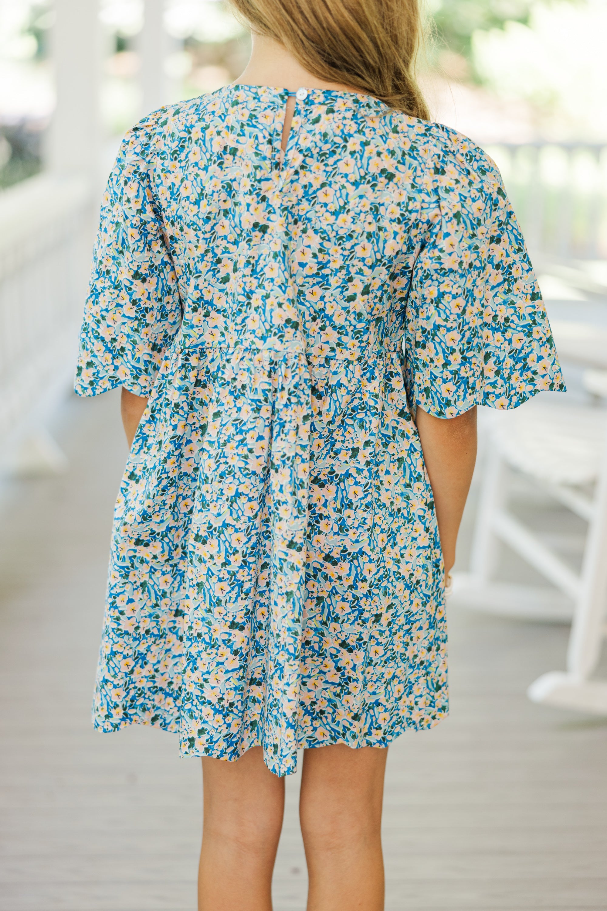 Adorable Girls' Blue Ditsy Floral Scalloped Dress - Right On Time for Special Occasions