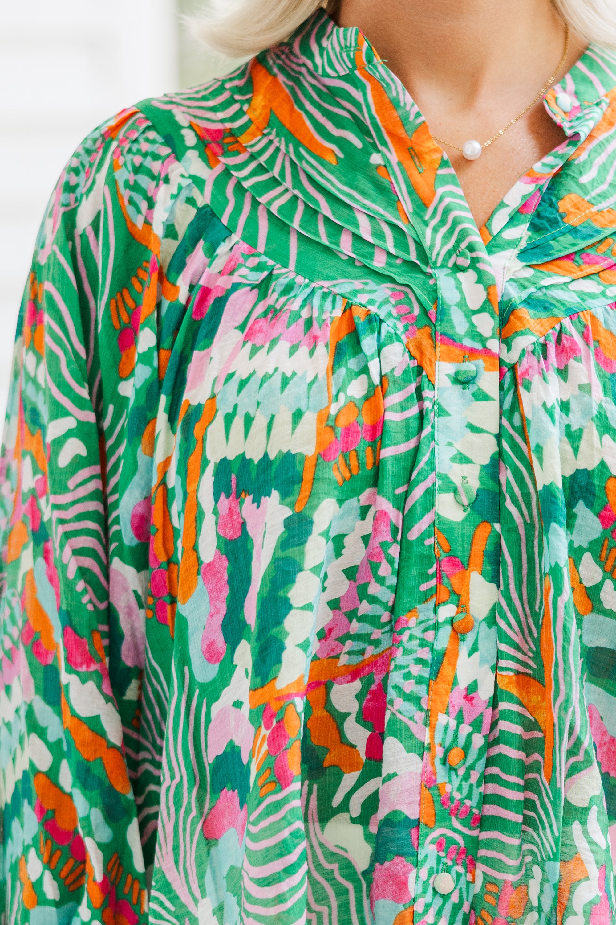 Back in Action: Tropical Abstract Green Blouse